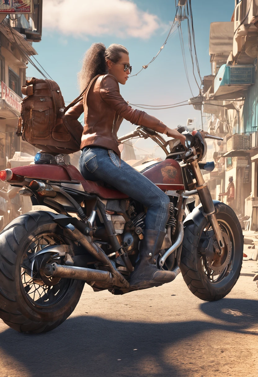 Crie uma personagem de RPG. Feminina. Idade 25 anos. Cabelos Loiro. Tamanho 1,58cm. Mundo das Trevas. She's on top of a motorcycle riding.