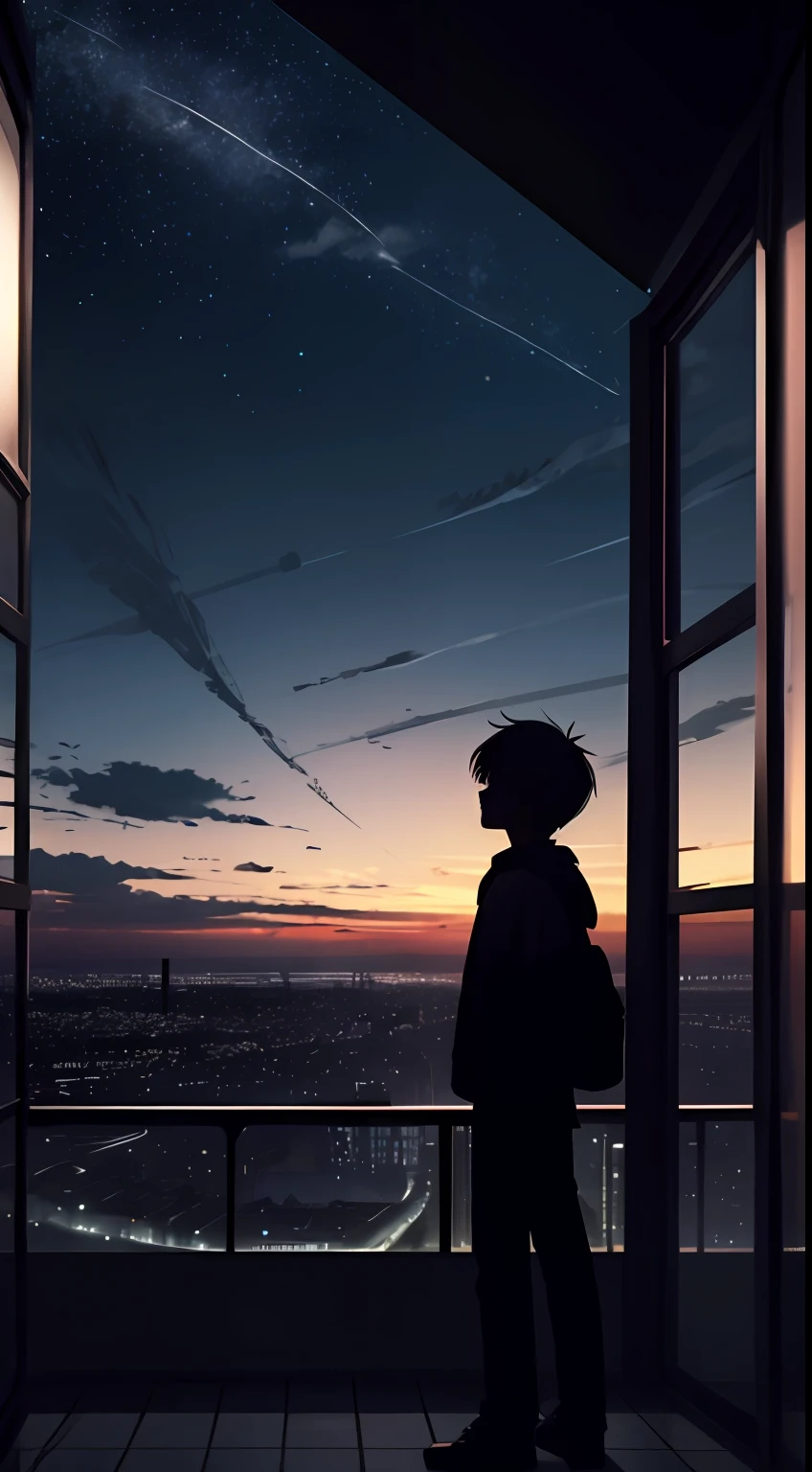 anime,silhouette,1boy, star (sky), cloud, cityscape, building, city, outdoors, skyscraper, city lights, night, night sky, sunset, skyline