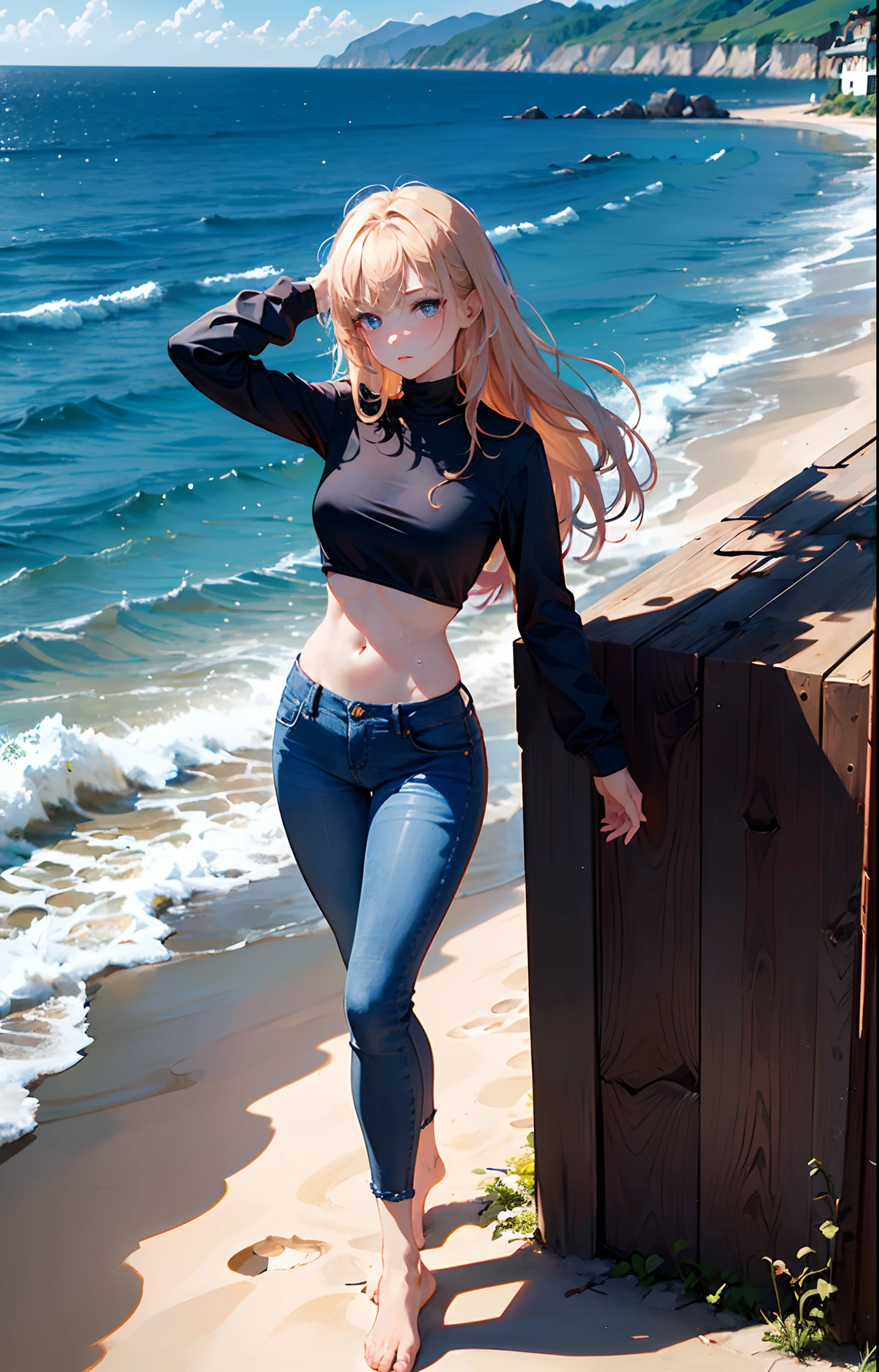 masterpiece, extremery magnificent view, perspective, extremery best quality, extremery detailed CG, 8k wallpaper, high resolution, highly detailed face, highly detailed eyes, perfect anatomy, super detailed skin,
(dynamic angle, dynamic pose:1.2), outdoors, beach, smooth waves, (portrait, legs focus, full body), (beautiful face, beautiful eyes, beautiful legs:1.3), ((((((peestain)))))), blush, worried,
1 girl, solo, (black top, blue jeans pants:1.3), (skinny jeans:1.3), long sleeves, medium breasts, blond hair, long hair, floating hair, straight hair, open forehead, (barefoot:1.3), blue eyes, (navel:0.8), skinny, slender, wide hips, thin waist