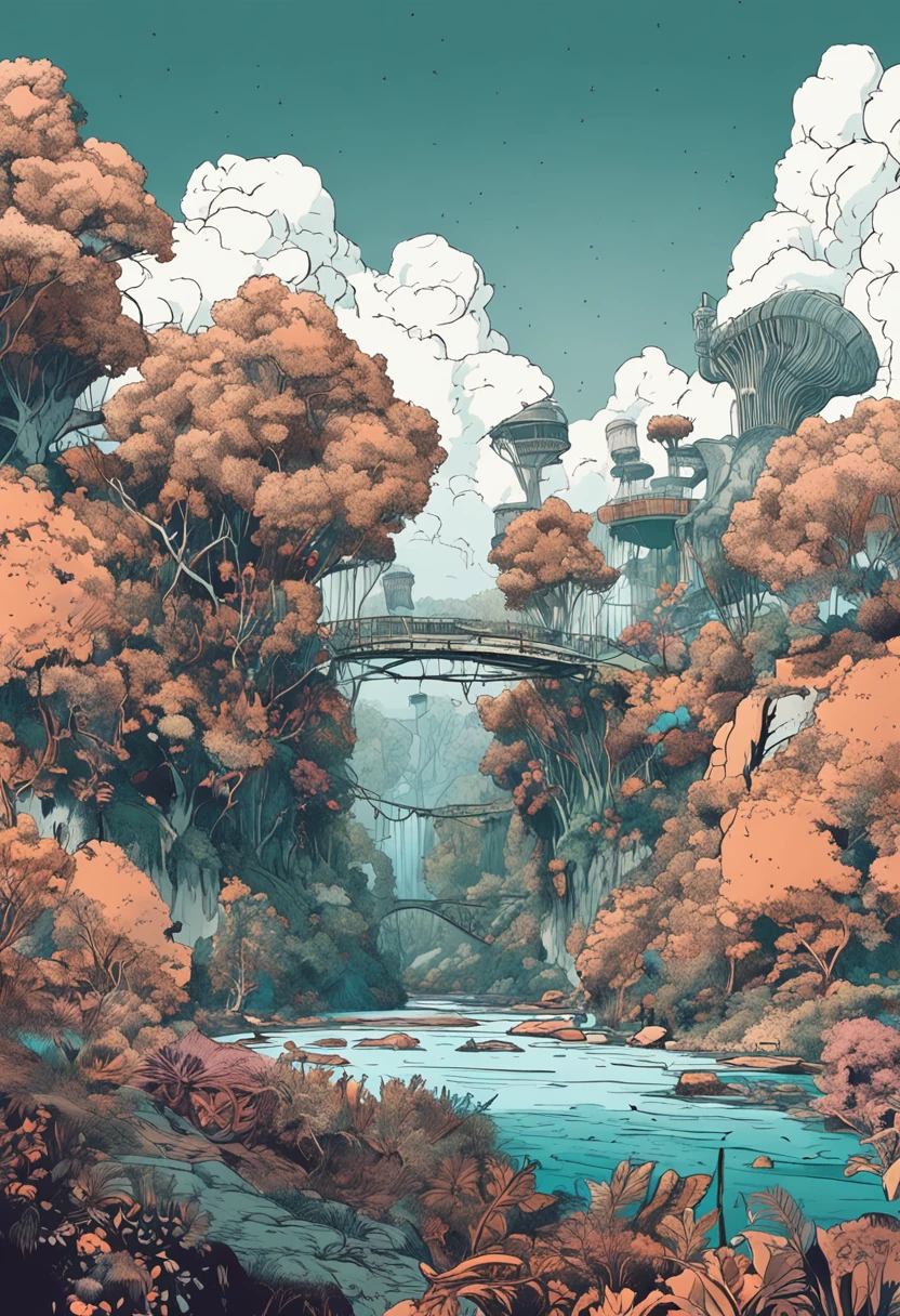 paysage fantastique, Nausicaa, rivers and waterfalls, suspension bridge mixed with vegetation, Champ de culture dans le premier plan, (Uneven terrain:1.6), (Colorful fungal houses recovered: 1.5), (buissons moelleux: 1.1), vent, Cumulonimbus Cloud, cirrus, thick silhouette, silhouette pointue, extreme details, 8k, UHD, grain du film, Black and white ink drawing