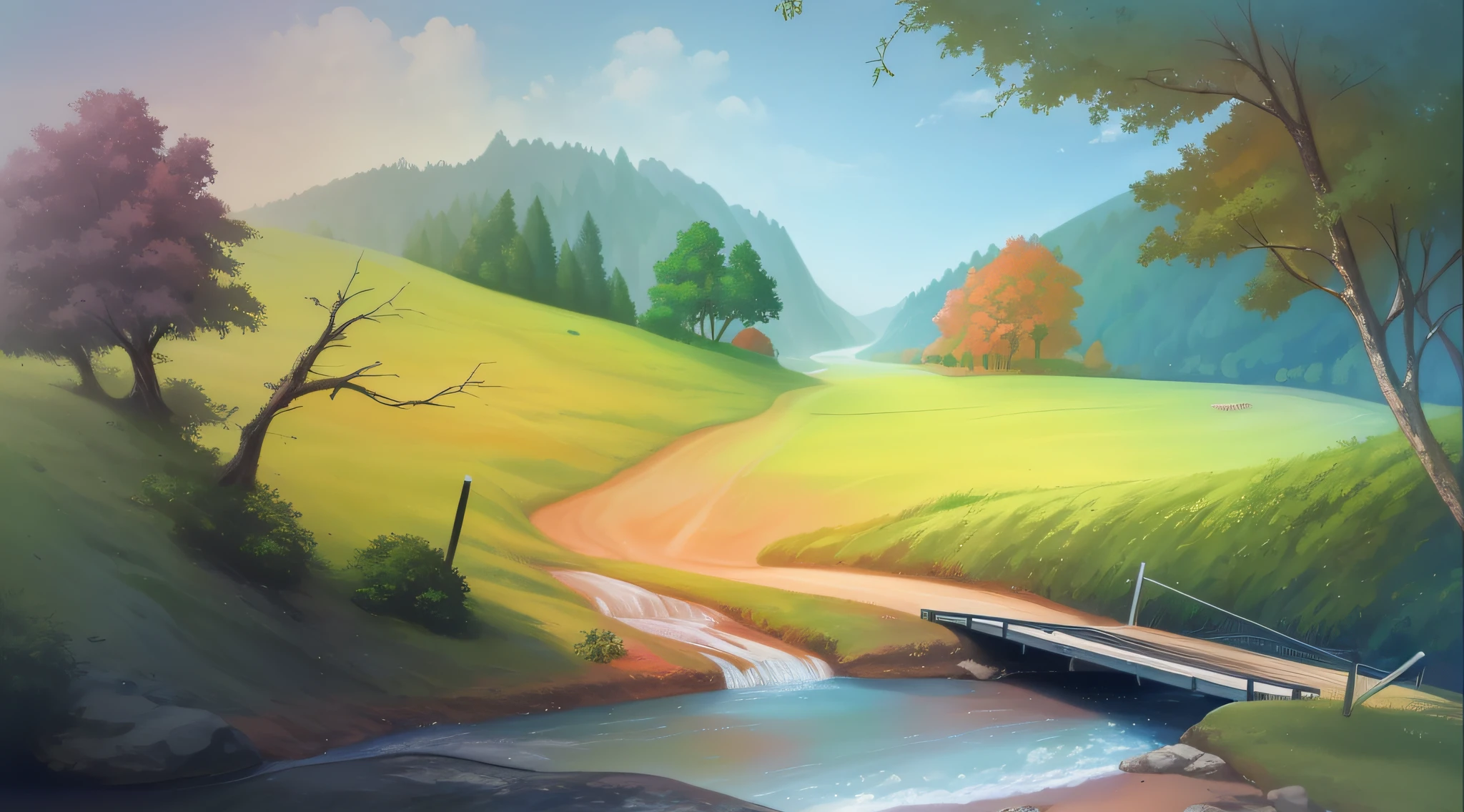 painting of a river running through a lush green valley with a fallen tree, arte de fundo, paisagem pintada, Arte bonita UHD 4K, scenery artwork, papel de parede de paisagem, pintura detalhada 4K, pintura digital bonita, Pintura Digital HDR, Pintura digital 4K, Pintura digital 4k, Pintura de paisagem virtual 3D, Pintura digital fosca 4K HD, Pintura digital de fantasia