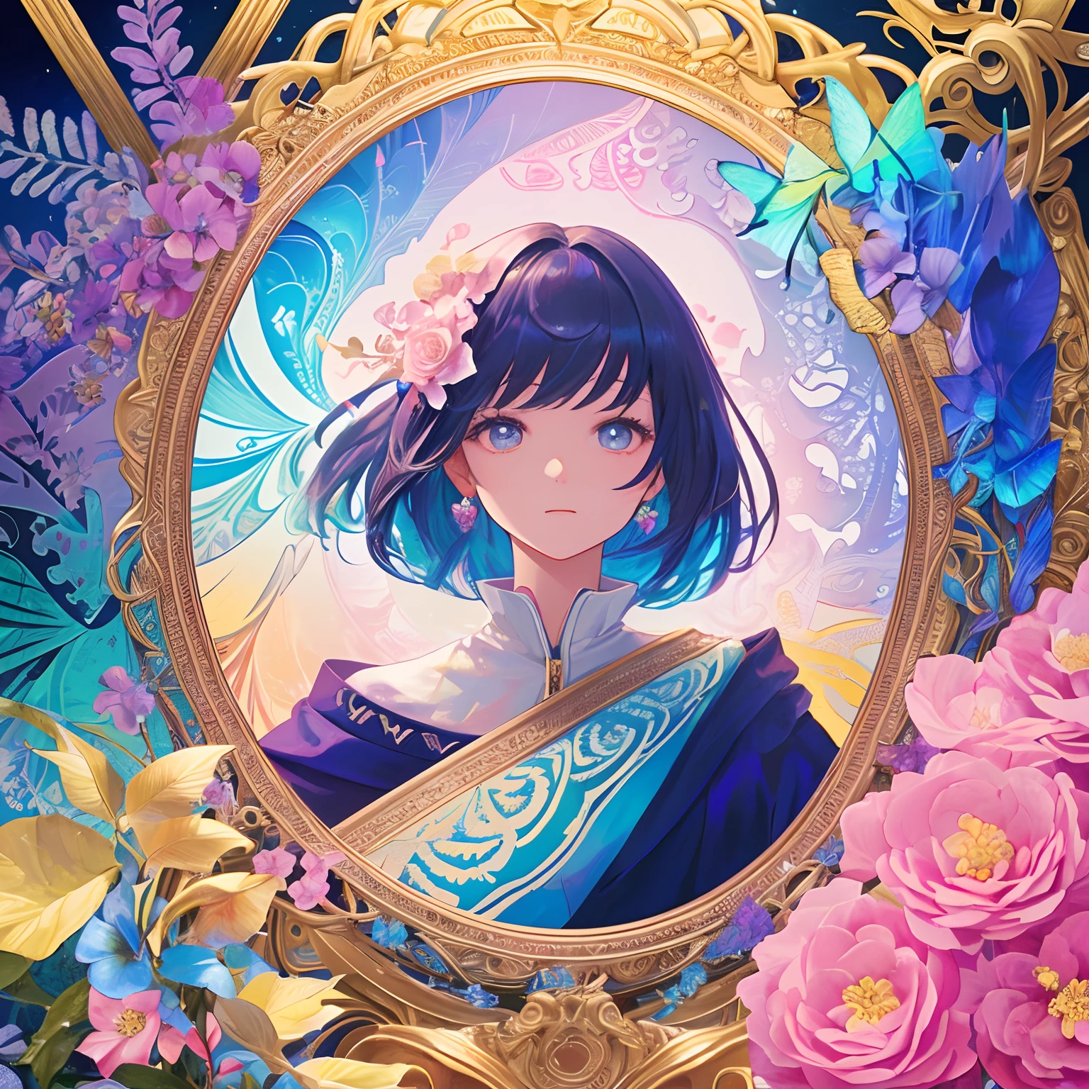 Beauty 1 person、(​masterpiece、top-quality、top-quality、Beautifully Aesthetic:1.2)、(1girl in:1.3)、(Fractal Art:1.3)、picture frame、rainbow hair、Detail Frame、Dynamic、florals、paint、round frame、Geometric pattern、faces、royal family、Lots of petals fluttering、look up to、Expressive thinking