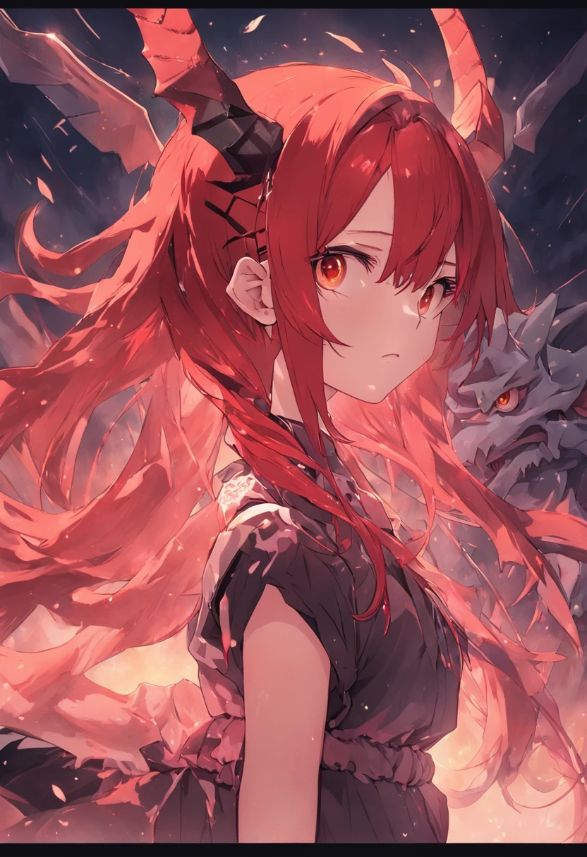 Eight-toothed girl with red hair with twin tails and horns on one side、One-winged devil、No one-sided angle、Dragon Tribe Girl