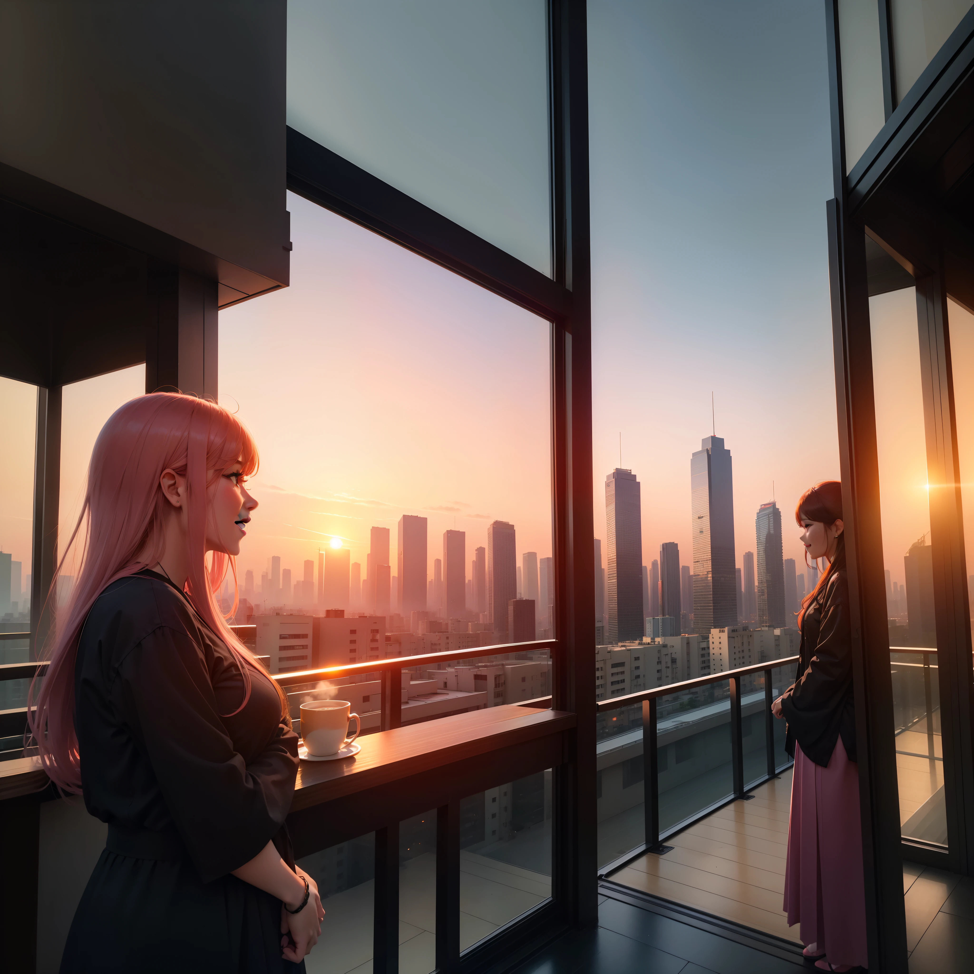 at the sunset, 城市, Skyscrapers, a person々Flow of, Building windows, Warm light, Walkway, a person々, cafe terrace, Friends, Laughing, Skysky, an orange, pink there, tints, Urban hustle and bustle, Beautiful sunset, harmony