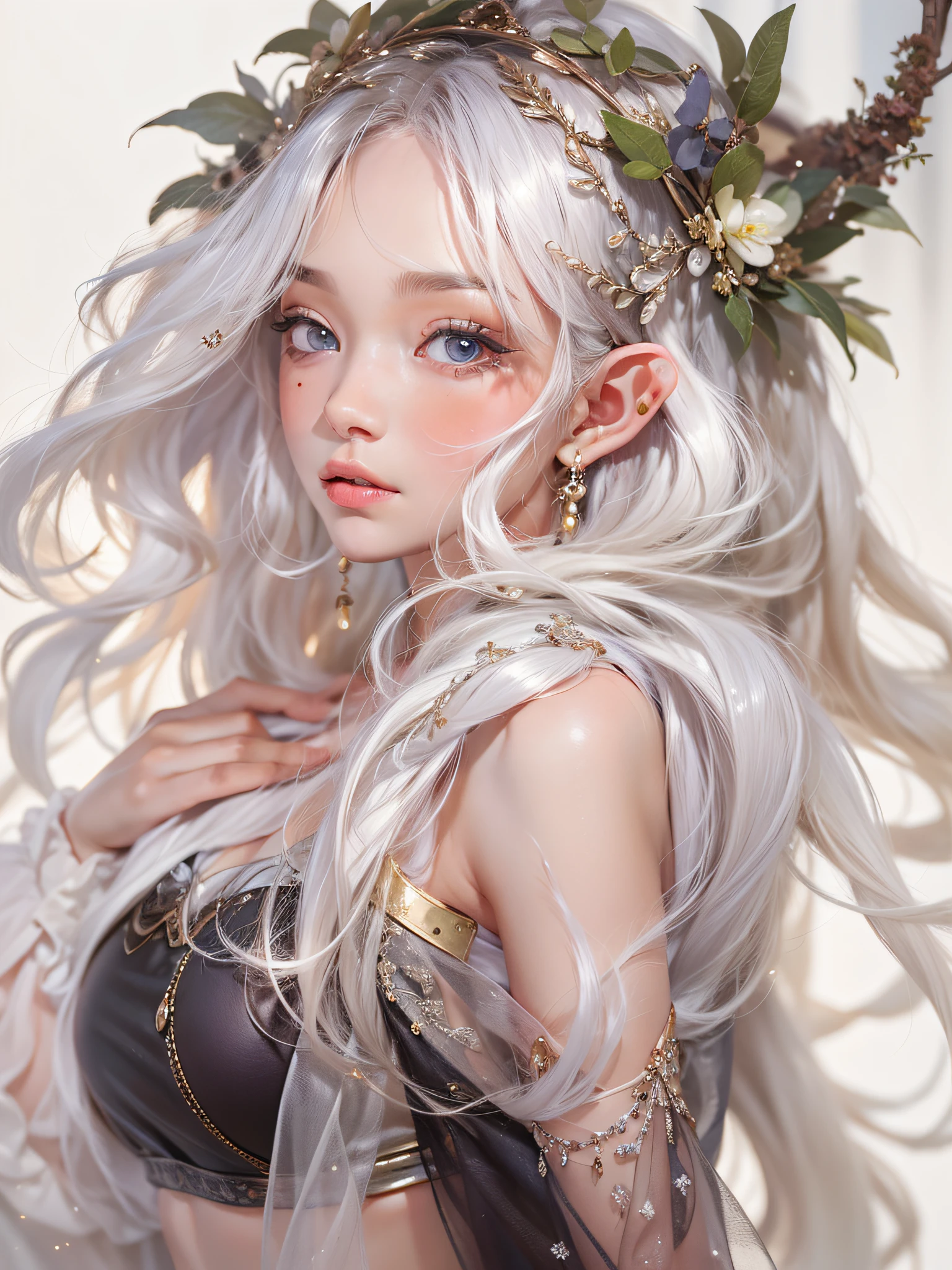 Elf Princess，ln the forest，Platinum hair accessories，(Photorealistic:1.4), (Masterpiece, side-lighting, fine detailed beautiful eyes: 1.2), Masterpiece*Portrait, Realistic, The face is delicate, Glowing eyes, Shiny hair, Shiny real skin, Solo, embarressed, (midriff),（super-fine），Detailed pubic hair，Accurate，（Works of masters），（best qualtiy），8K分辨率，A half body，dynamic viewing angle，