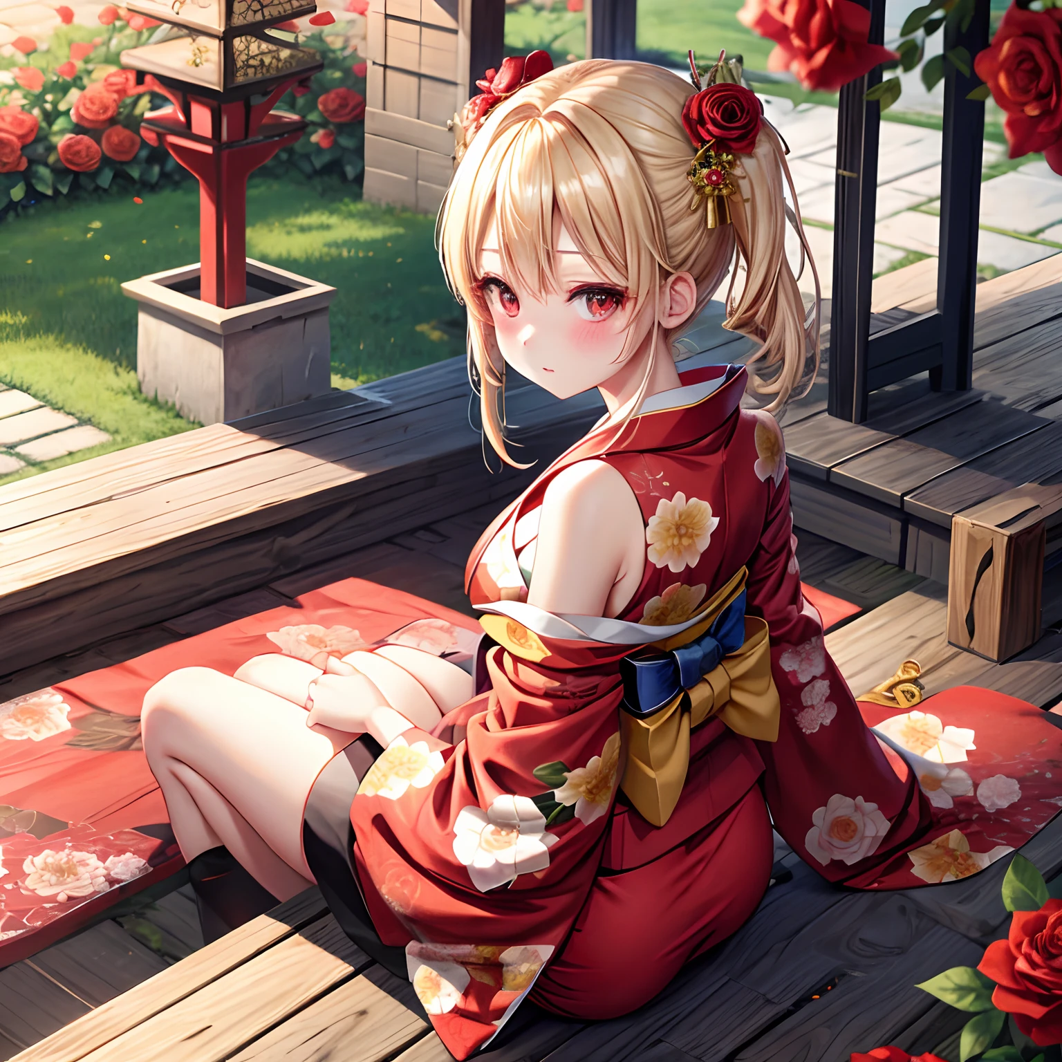 a blond、red eyes、Beautiful girl alone、realisitic、Floral kimono、off shoulders、a miniskirt、red blush、Bright red rose garden、sitting on