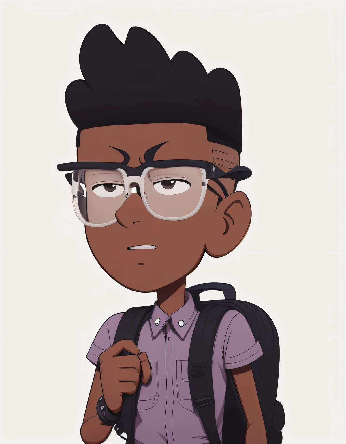 cartoon of a boy with glasses and a backpack looking angry, Sem estilo Tyler Mitchell, in cartoon style, name of the character is chad, Serious cartoon, inspirado em Greg Staples, design de personagens animados, Directed by: Mario Cooper, personagem de desenho animado, cel sombreado, estilo de arte dos desenhos animados, estilo de desenho animado simples, estilo animado, Pouty, cel sombreado!!!, animation character, feliz