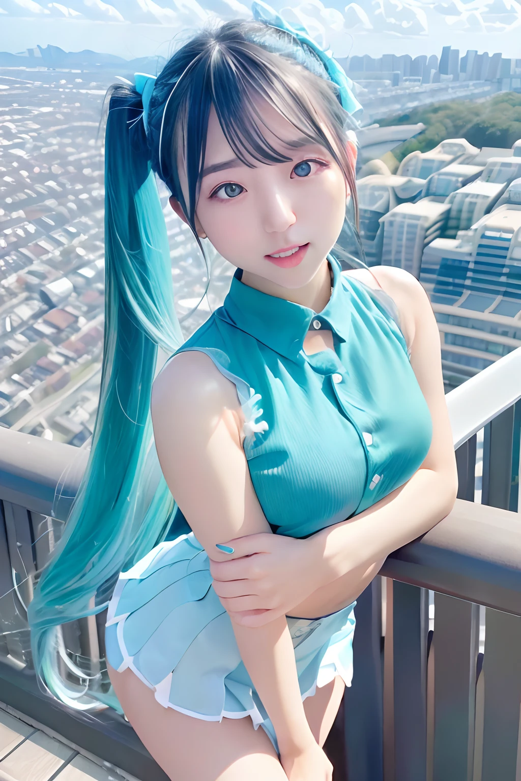 miku hatsune、Official art, masterpiece, Sharp Focus, (Beautiful gorgeous cute korean woman:1.3), (Beautiful cute korean woman:1.3), Korean beauty, Delicate Beautiful Hair and Eyes and Face, realisitic, ultra-detailliert, a beauty girl, blue-sky, Glow white particles, (side lights:1.2), rays of sunshine, white clouds, Fine clouds, A slender, Pretty breasts and big buttocks, Show your teeth and smile, ((Smile with your eyes, open both eyes)), Scenic, Blunt bangs、sexy facial expression、buliding、(A city scape:1.7)、Dynamic Hair、Twin-tailed、Green hair、glowingblueeyes、(Blue pleated shirt + White skirt)、White long socks、de pele branca、hair adornments、Epic Landscapes、