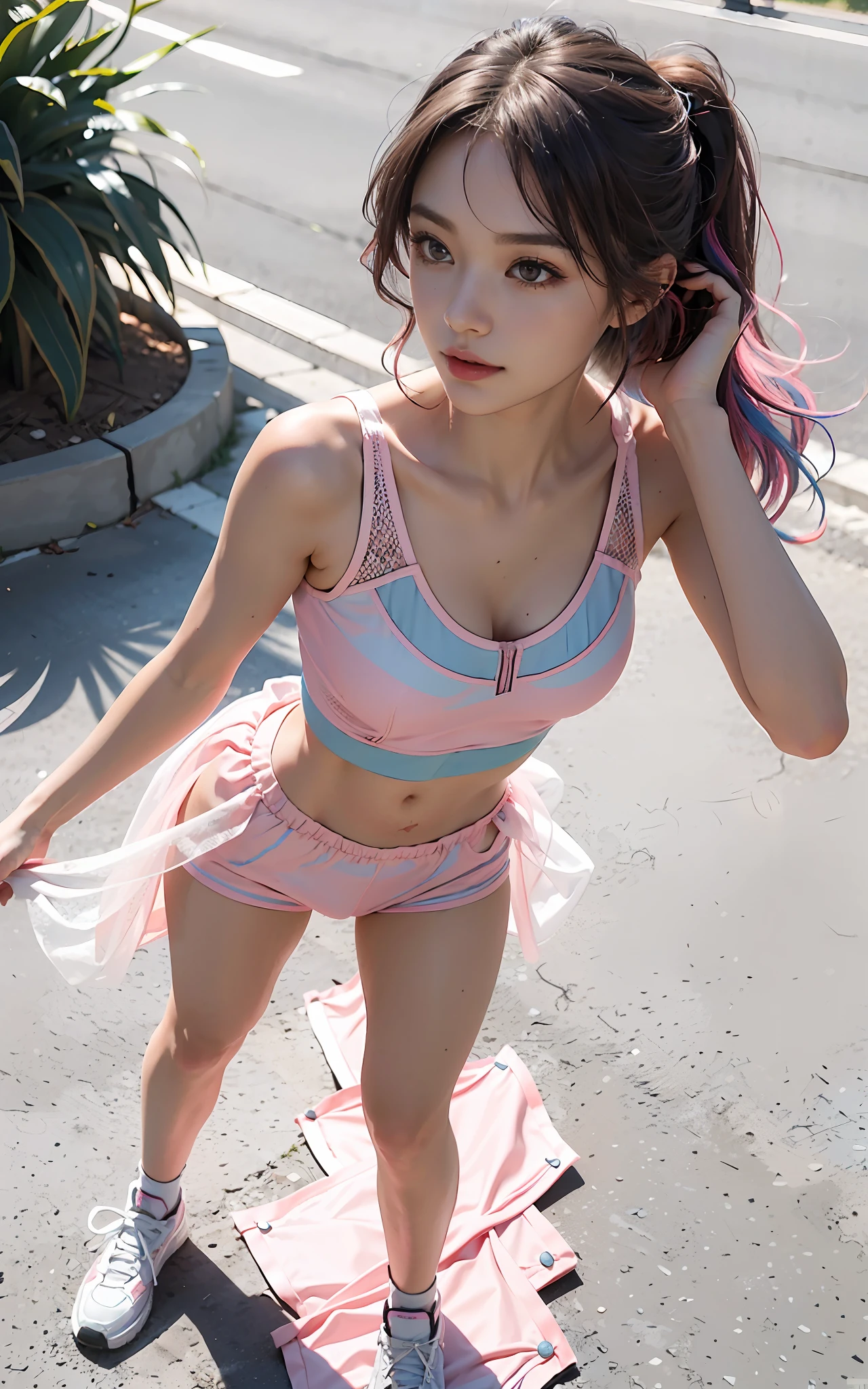 ((medium breast, tomboy girl, small head)), daylight, sunlight, (perfect body : 1.1), (young), (short wavy hair : 1.2) , choker, full body shot, crowded street, ((wearing a pink see-through nipple tight wet tank crop top)), ((miniskirt)), (extremely detailed CG 8k wallpaper), (an extremely delicate and beautiful), (masterpiece), (best quality:1.0), (ultra highres:1.0),  beautiful lighting ,stiff nipple, perfect lightning,pulling skirt, realistic shadows, [highres], detailed skin, ultra-detailed, spread thigh, one leg up, squatting on the floor, black thighhigh, red high heels, large earring, thighs, (((colorful))), (loosely worn top), beauty mark, angle from below, beautiful twintail