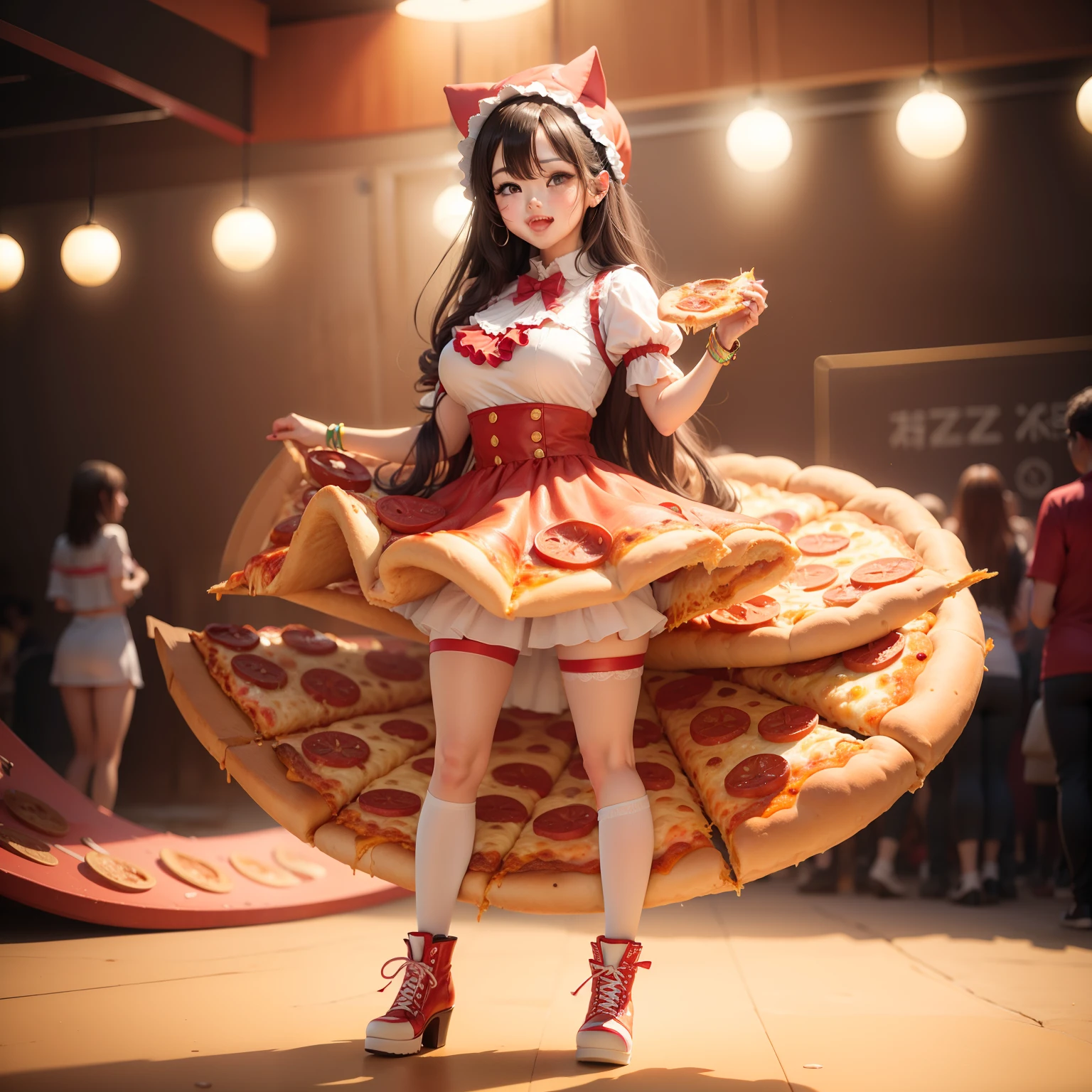 Female idol covered in pizza（Cute costumes）、Looks fun、full body Esbian、