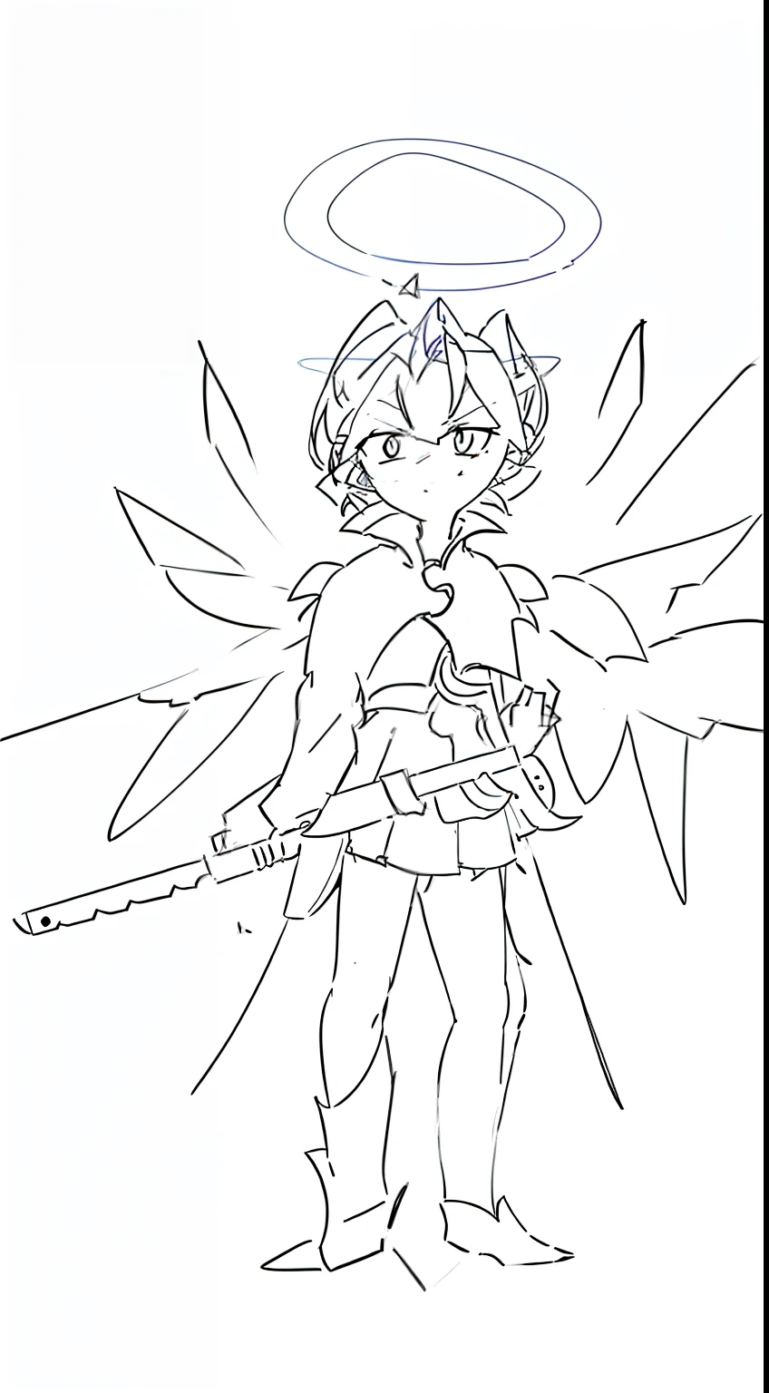 a drawing of a light-blue-hair person with a gun and a yellow halo, intense line art, sharp lineart, simple lineart, lineart, perfect lineart, clean anime outlines, Executor from Arknights, clean anime outlines, line art!!, wielding a gun, clean lineart, intense black line art, body scattered in 3 parts, sharp wings