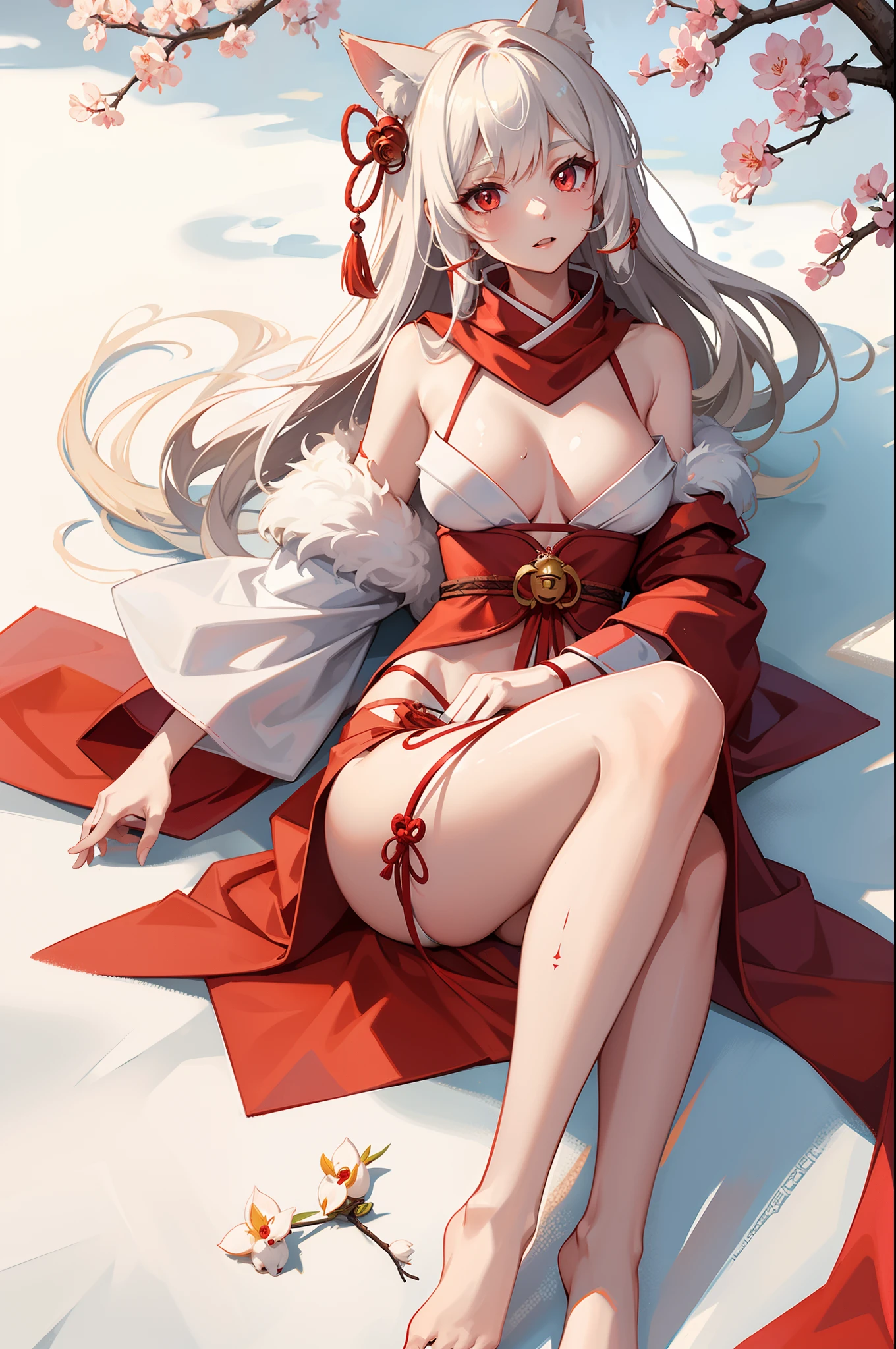 female nine-tailed fox, shrine outfit, bare leg, sexy body shape, masterpieces, chill aura, croatch tattoo, wet body detailed, lying on the ground, bright red pupil, sakura falling, japanese building background, red rope accessorize, fur white scarf, bell