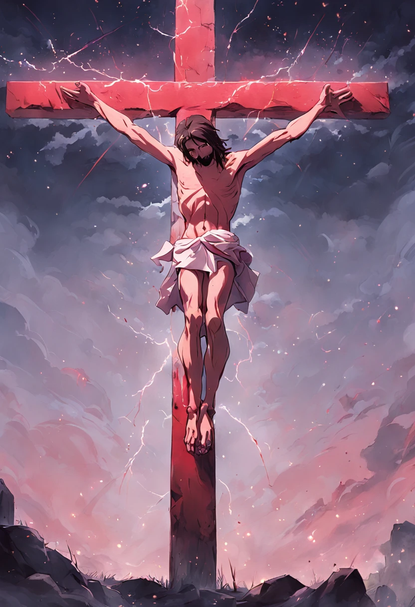 Crucifixion of Jesus ,ceu escuro avermelhado com nuvens escuras e muitos raios