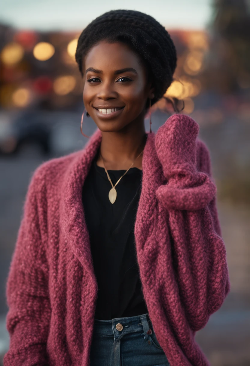 perfect portrait photo of (young black woman)) , best quality, she is wearing a black sweater, soft lighting, gorgeous, brunette woman, wide smile, highly intricate high definition wallpaper