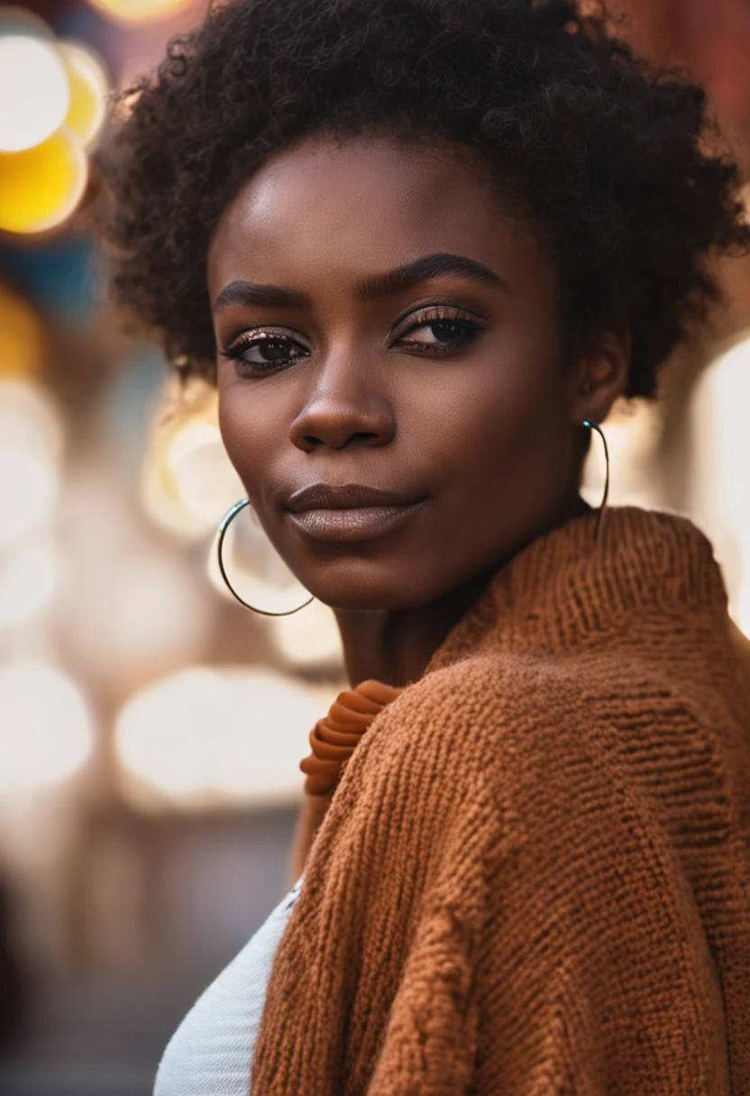 perfect portrait photo of (young black woman)) , best quality, she is wearing a black sweater, soft lighting, gorgeous, brunette woman, wide smile, highly intricate high definition wallpaper