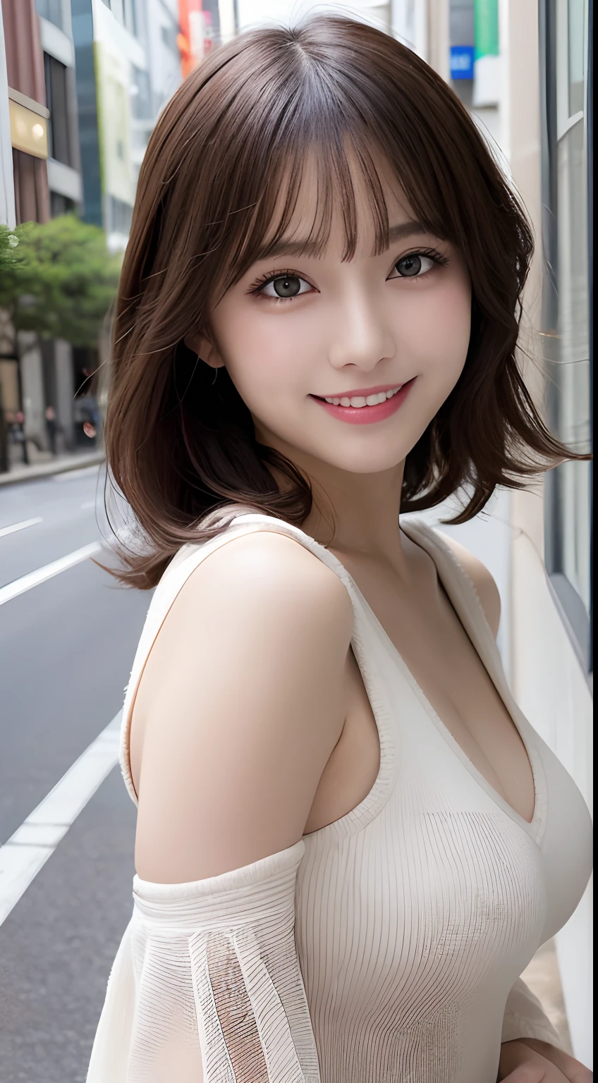 masutepiece, Best Quality, Illustration, Ultra-detailed, finely detail, hight resolution, 8K Wallpaper, Perfect dynamic composition, Beautiful detailed eyes, Women's Fashion Summer,Medium Hair,small tits、Natural Color Lip, Bold sexy poses,Smile,Harajuku、20 years girl、Cute、Sexy shot looking at camera