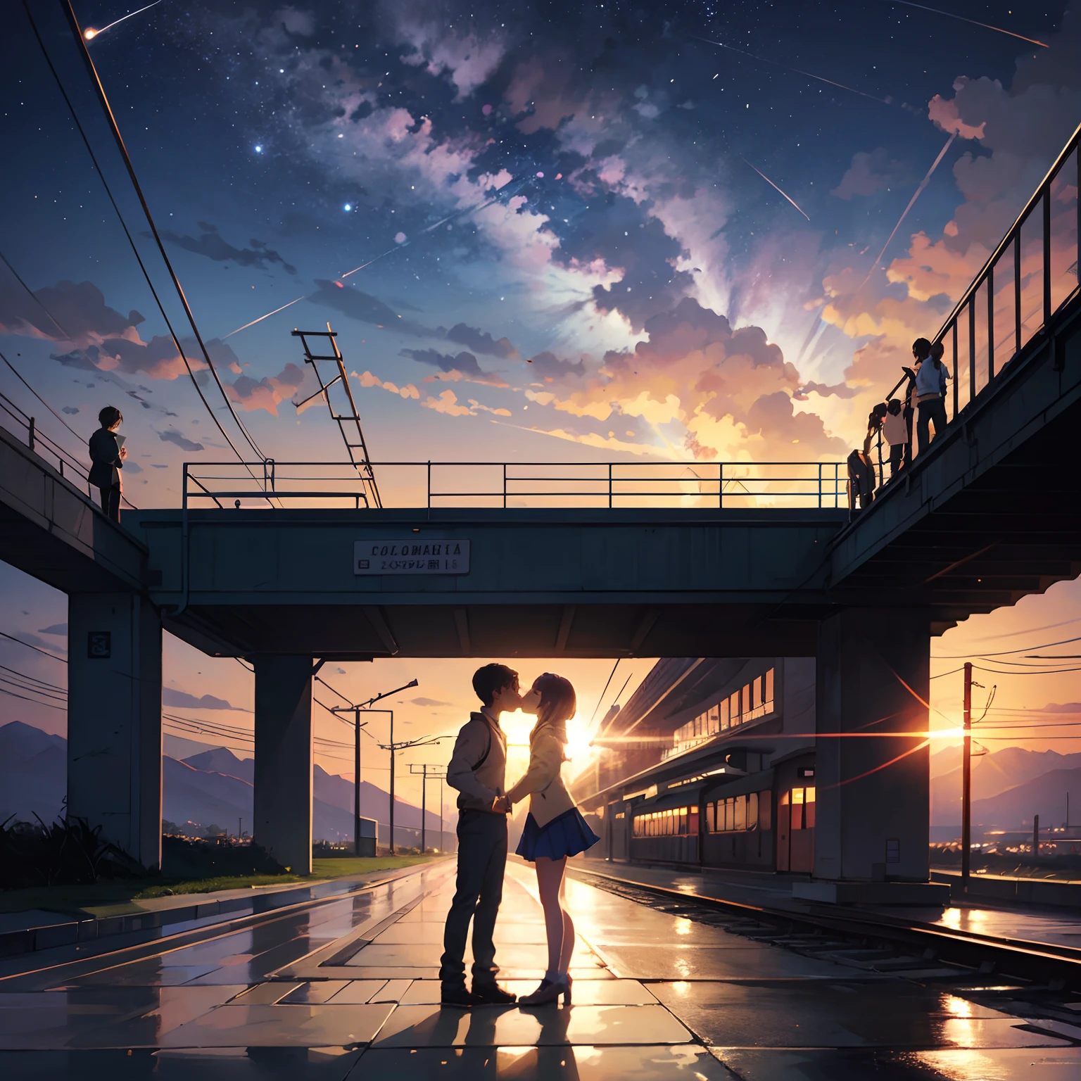 Anime scene where trains pass under blue and purple skies,Anime drawing by Makoto Shinkai,Popular trends on pixiv,magic realism,beautiful anime scenes,Cosmos Sky。 By Makoto Shinkai, ( ( Makoto Shinkai ) ), By Makoto Shinkai, Anime background art, Shinkai Makoto style.Detail enhancement,Perfect detailing,The stars twinkle ,Boys and girls kissing in front of the station