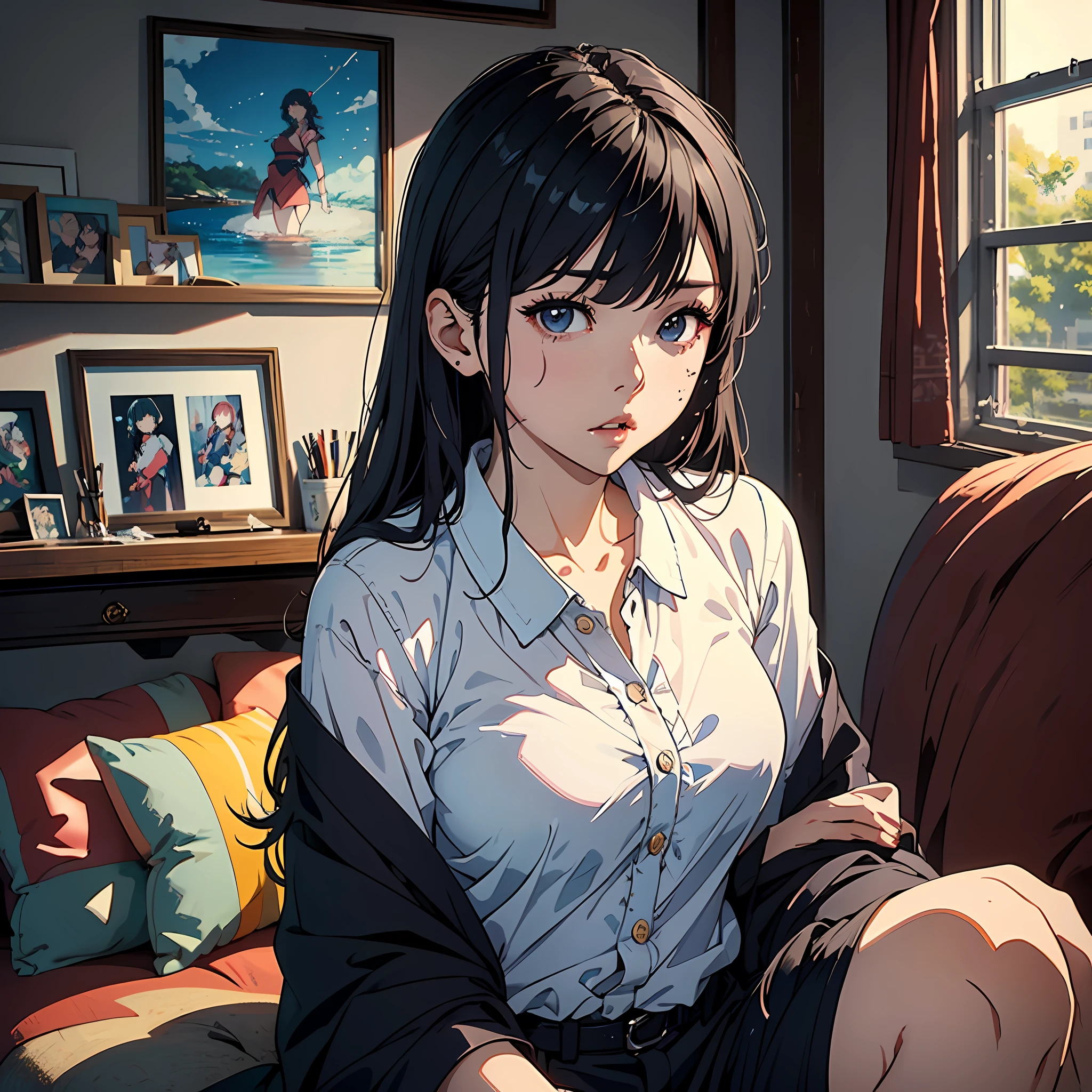 top-quality、tmasterpiece、超A high resolution、Anime figure,2.5D、RAW photo、35㎜ film、1womanl、A Japanese lady、35yo,weeping,room with window ,ig studios anime style, nightcore, style of anime4 K, High quality anime art style, ,On the sofa,Old house、Chaotic background、Messy room、Background blur、large lips、