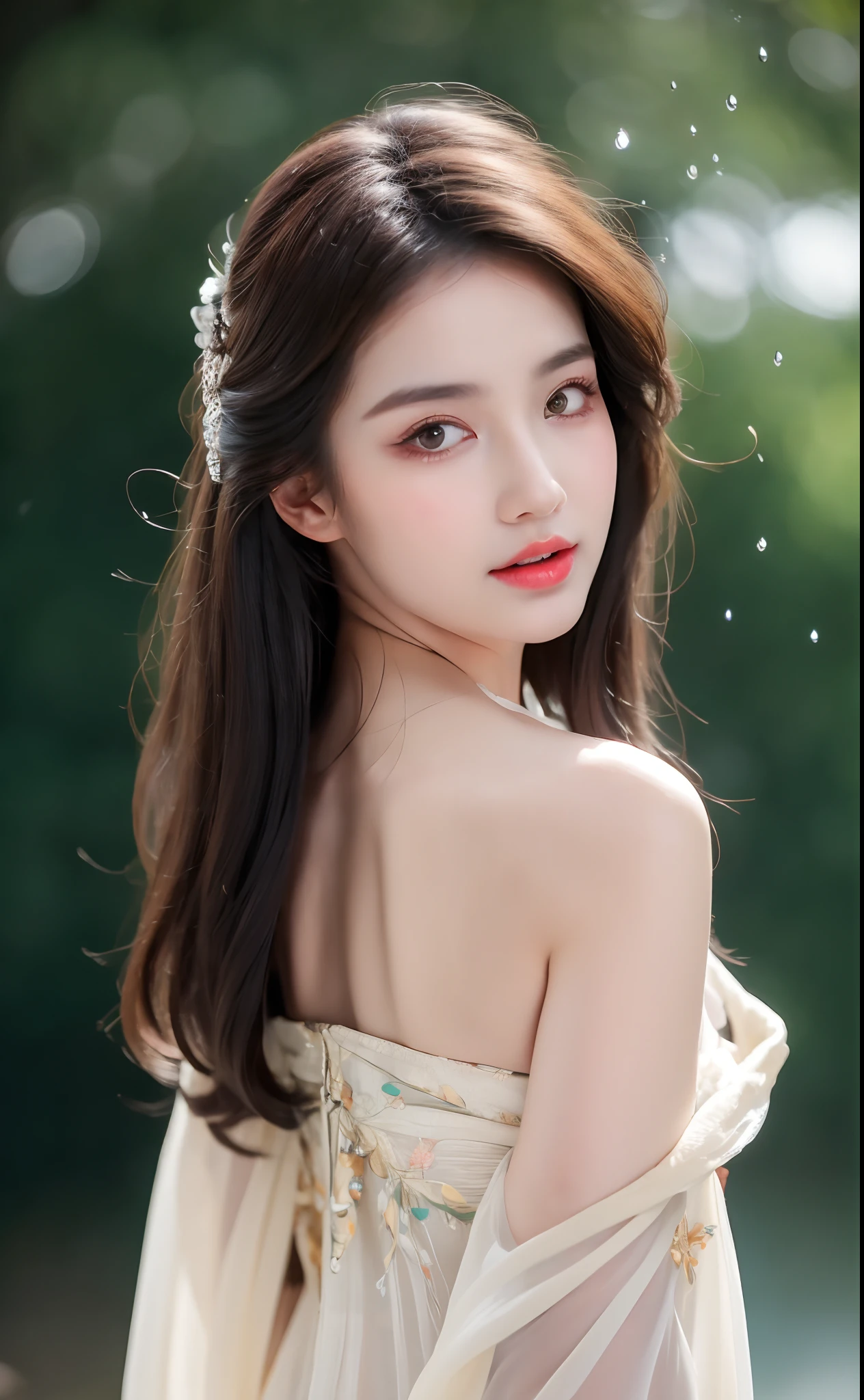 ((Best Quality, 8k, Masterpiece: 1.3)), Focus: 1.2, Perfect Body Beauty: 1.4, Buttocks: 1.2, ((Layered Haircut)), (Wet Clothes: 1.1), (Rain, Street:1.3), (Breasts: 1.2), (Hanfu: 1.2), Bare Shoulders, Bare Legs, Highly Detailed Face and Skin Texture, Fine Eyes, Double Eyelids, Whitened Skin, Long Hair, (Shut Up: 1.5), (Bokeh Background: 1.5), Big Breasts