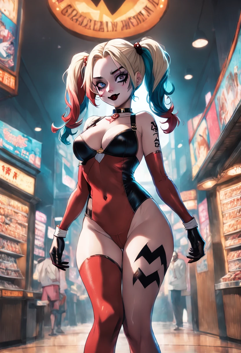 Harley Quinn、Full view of buttocks、Huge beautiful legs、Colossal tits,Opening legs、pubick hair、Underhair、hair、droolng、squeezing breasts