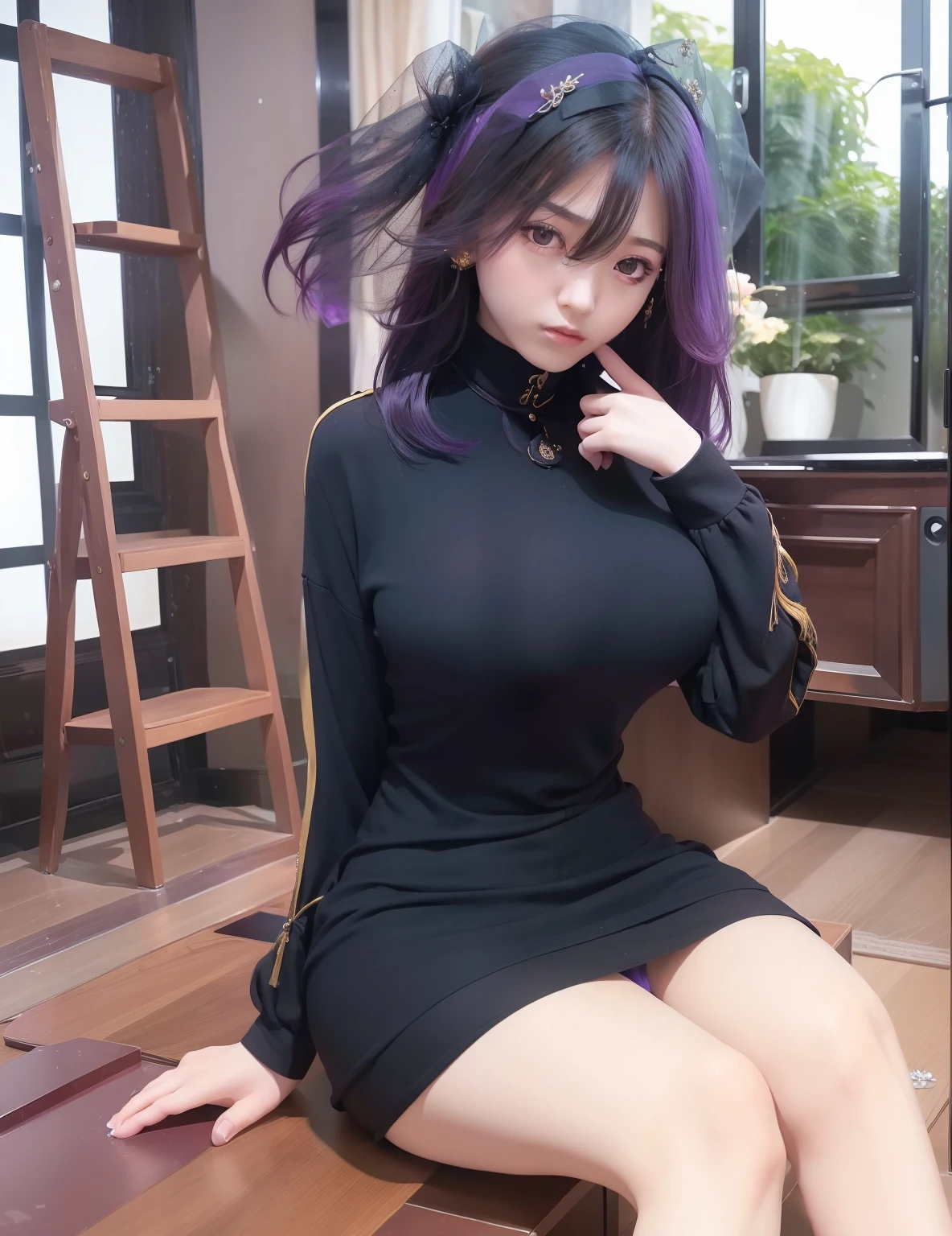 I girl,vermeil sama,black clothes,purple hair,realistic,ultra detail,70mm lens