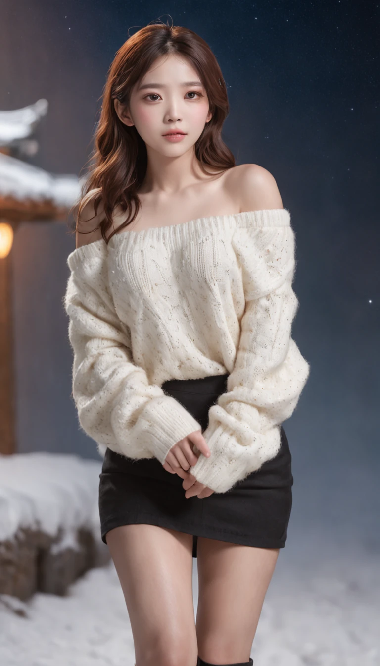 ((Looking back)), (((full bodyesbian))), ((Realistic)), ((From behind, From below)), ((off-the-shoulder clothes)), Beautiful young girl, Beautiful Korean model, cabellos largos dorados, curlies, By bangs, (slender leg), (cold light, the night, starrysky), (at winter season, nevando). ((White sweater, Short black skirt), Detailed scenes, the detail,Hyper-detailed, (correct hand), (anatomy correct), (best qualtiy,tmasterpiece)