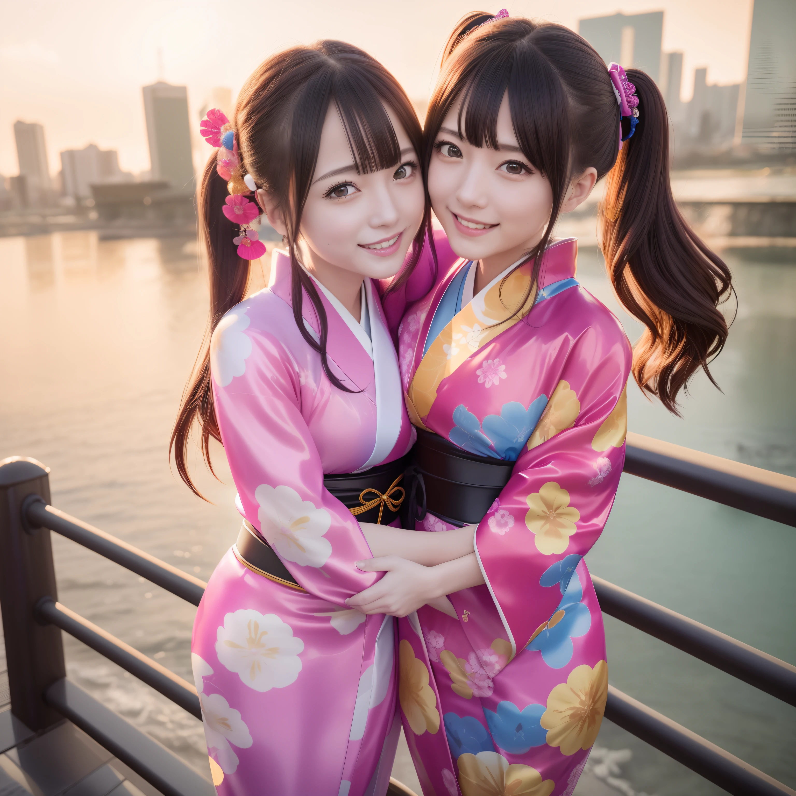 masutepiece,A hyper-realistic,32K,the Extremely Detailed CG Unity 8K Wallpapers, Best Quality,2 girls,(Hugging each other:1.2),(Wearing a colorful latex Japan kimono:1.3),(Fishnet stockings are worn tightly:1.1),Beautiful glowing pink eyes,Rainbow Twin Tail Hair,Full body shot,In front of the city,A smile