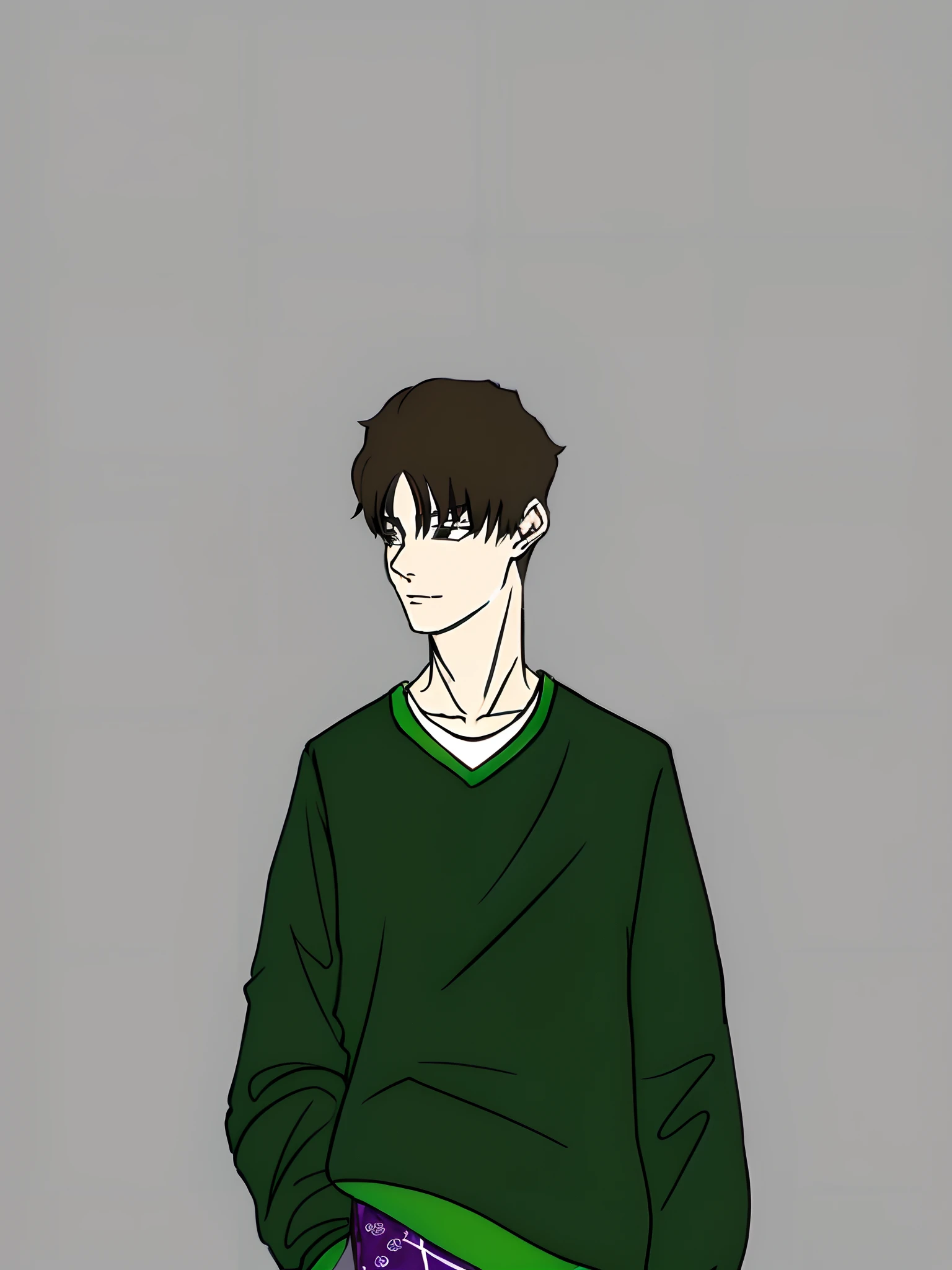 arafed drawing of a man in a green sweater and purple badana scarf, in an anime style, young anime man, anime style character, as an anime character, kentaro miura manga art style, style of junji ito, kentaro miura manga style, male anime style, male anime character, wearing a green sweater