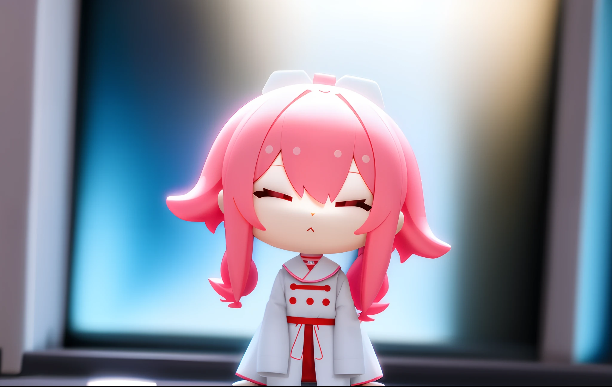 PopMart Blind Box IP, a close-up of a cute, white robe doll, young wanangel style, wearing long and fluent clothes, wlop style, pocelain doll, little people; Unreal Engine 5, Lite 3D/C4D production: 8K HD quality/lighting/ultra-detailed lens depiction 1.5, flawless, chibi background/cinematic.