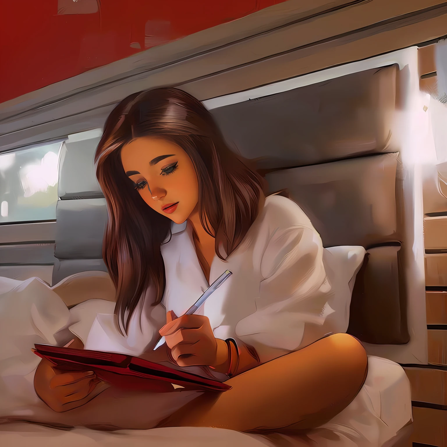 pintura de uma mulher sentada em uma cama escrevendo em um bloco de notas, Arte digital Ilya Kuvshinov, pintura realista da bonito, Breathtaking Ilya Kuvshinov, estudar no quarto, estilo de arte : Ilya Kuvshinov, Paisagem de Ilya Kuvshinov, estilo de arte realista, estilo de arte realista, ( Ilya Kuvshinov ), Pintura realista
