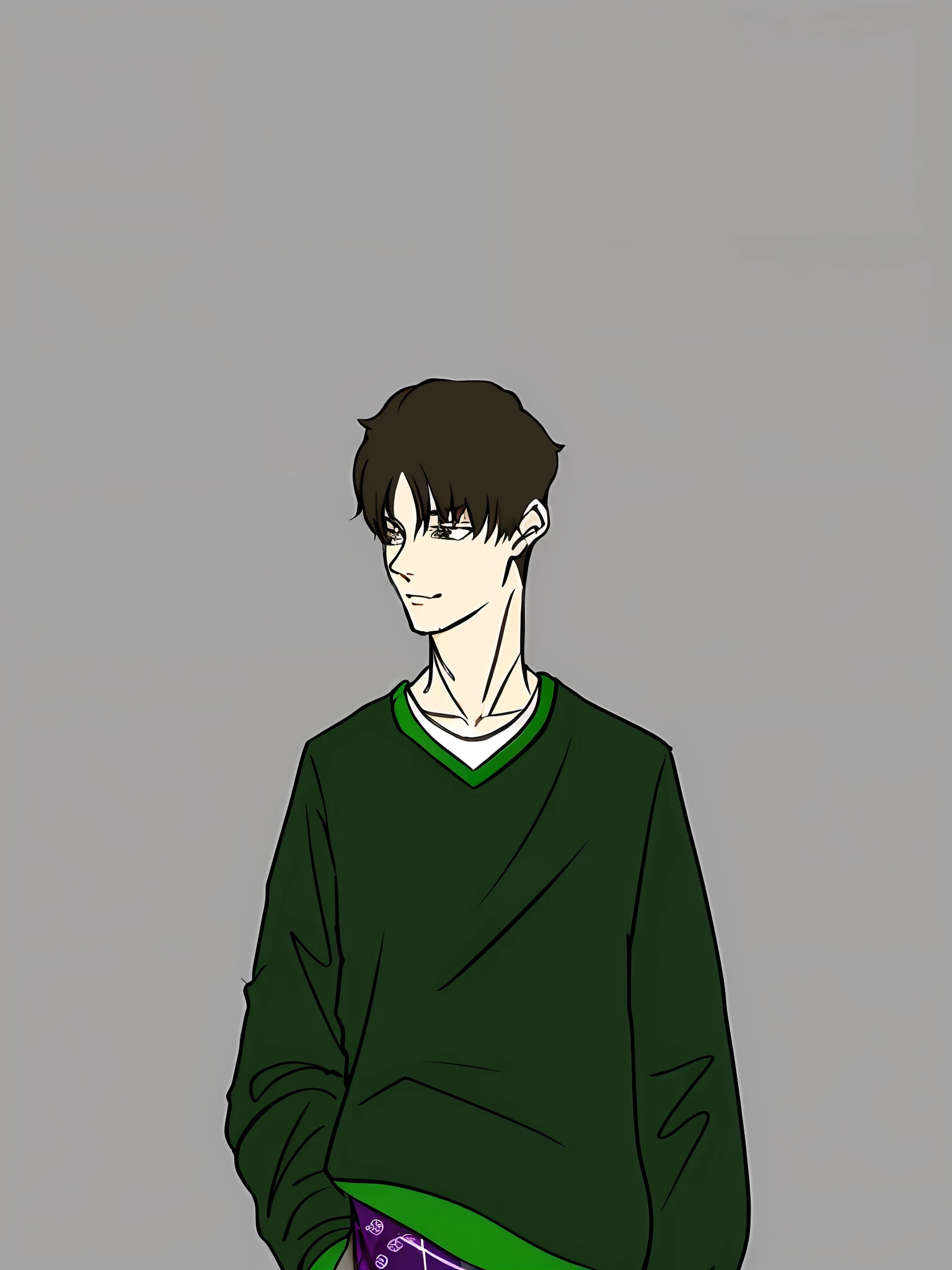 arafed drawing of a man in a green sweater and purple badana scarf, in an anime style, young anime man, anime style character, as an anime character, kentaro miura manga art style, style of junji ito, kentaro miura manga style, male anime style, male anime character, wearing a green sweater