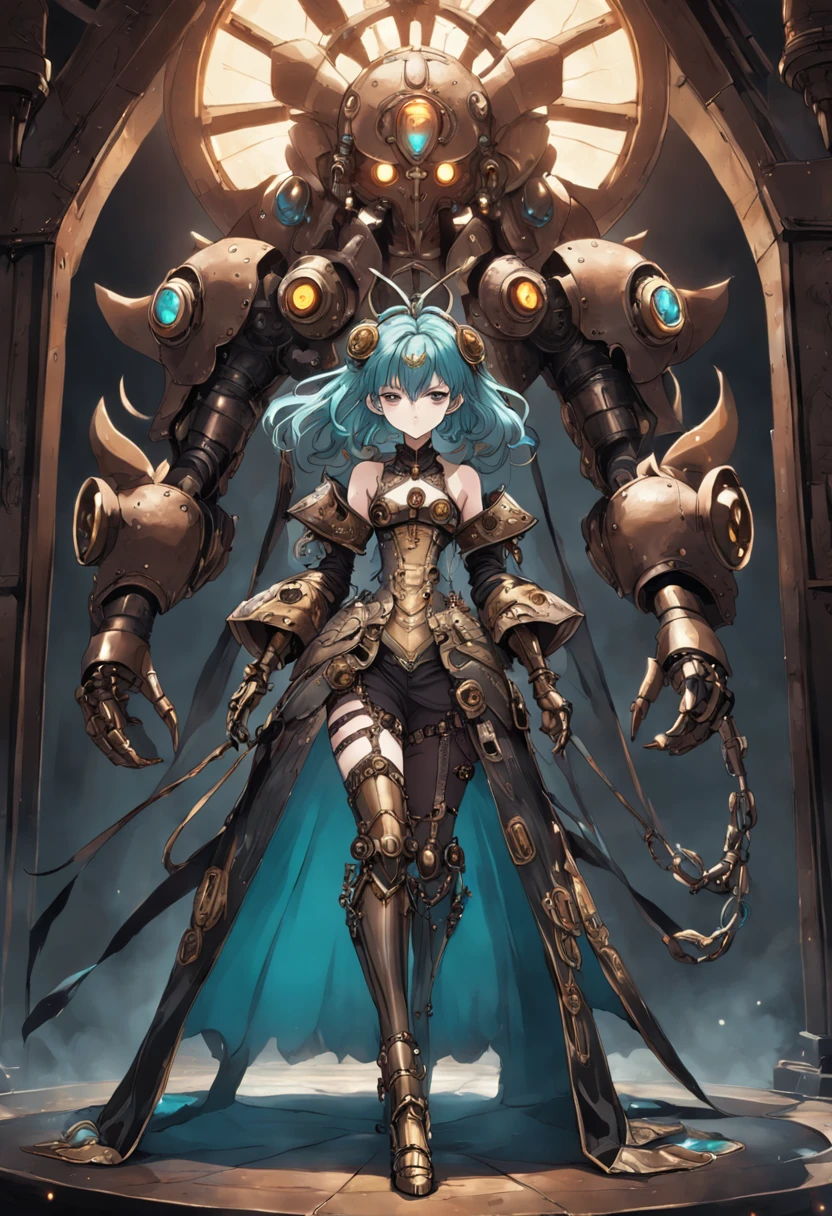full length; from head to feet; front-view; mechanical empress; human iron face; armor shaped like a ball gown; closed gown; glowing eyes; long claws; steampunk; clockwork; demonic ambiance; steampunk; full length; from head to feet; front-view;