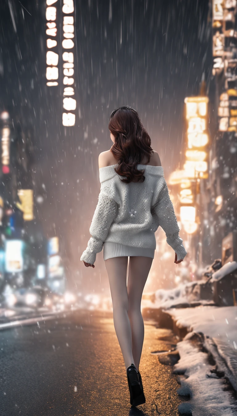 ((Looking back)), (((full bodyesbian))), ((Realistic)), ((From behind, From below)), ((off-the-shoulder clothes)), Beautiful young girl, Beautiful Korean model, cabellos largos dorados, curlies, By bangs, (slender leg), (cold light, the night, starrysky), (at winter season, nevando). ((White sweater, Short black skirt), Detailed scenes, the detail,Hyper-detailed, (correct hand), (anatomy correct), (best qualtiy,tmasterpiece)