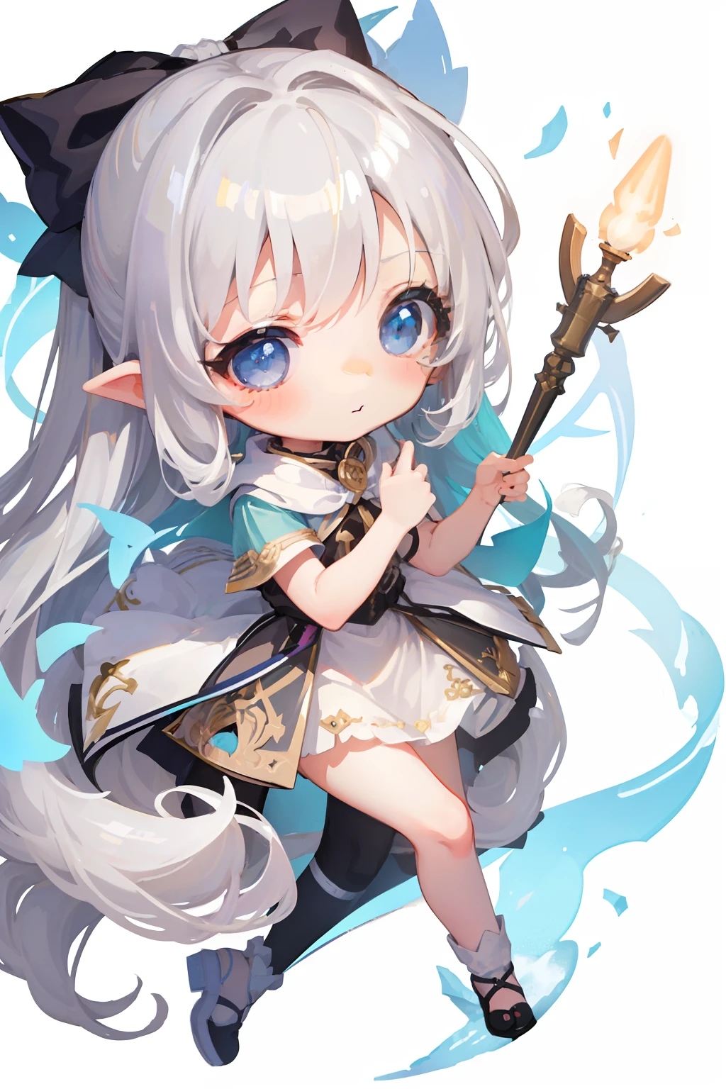 ​masterpiece,HIG quality,[(White background:1.4)::5],(Chibi:1.4),Bottle Bottom,candelabra,pedestal,nffsw,((Chibi Chara)),（hightquality, Cute and beautiful Chibi:1.4),Long silver hair,（elvish:1.4),Have a bow and arrow,beautiful detailed hair、beautiful detailed eyes and face