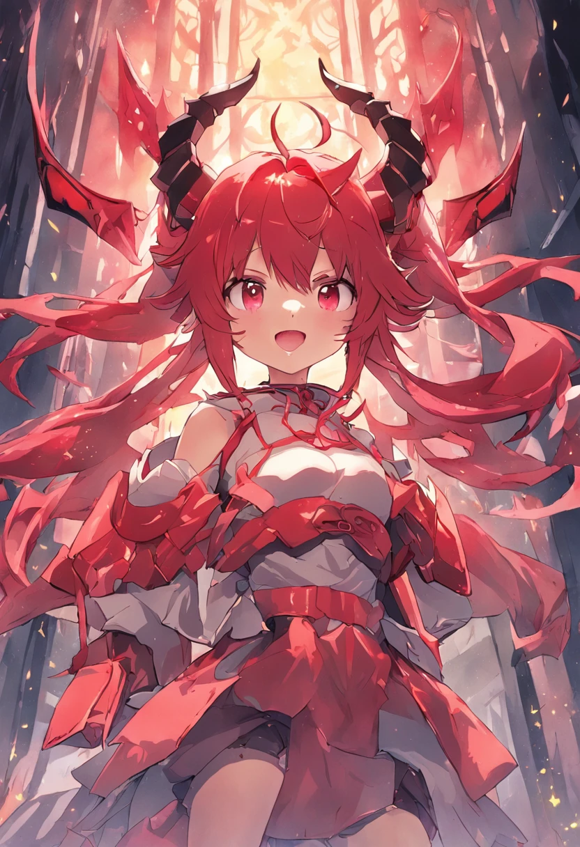 Eight-toothed girl with shallow scarlet hair and twin tails with horns on one side、Red mesh、One-winged devil、No one-sided angle、The corners are peeled、Dragon Tribe Girl