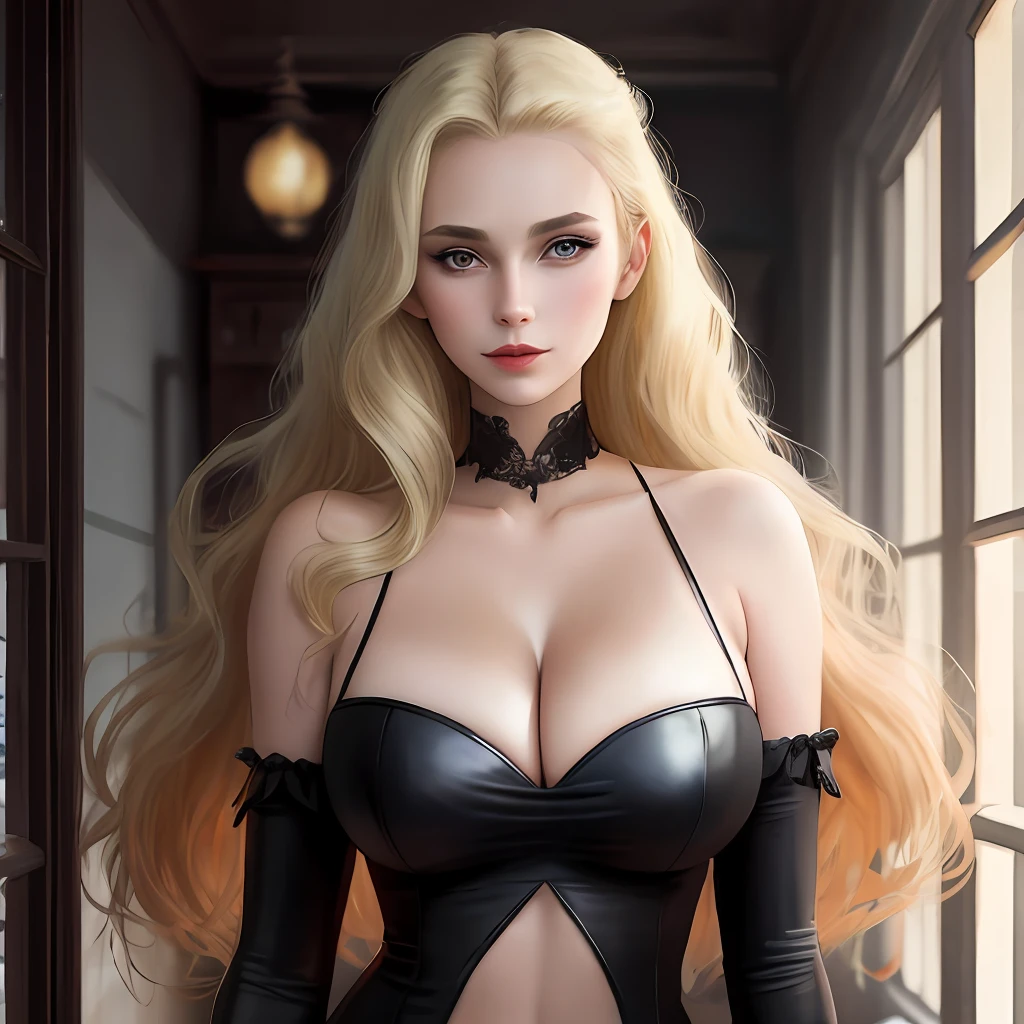 blond hairbl，gotik，a beauty girl，Lori huge breasts cleavage，detective