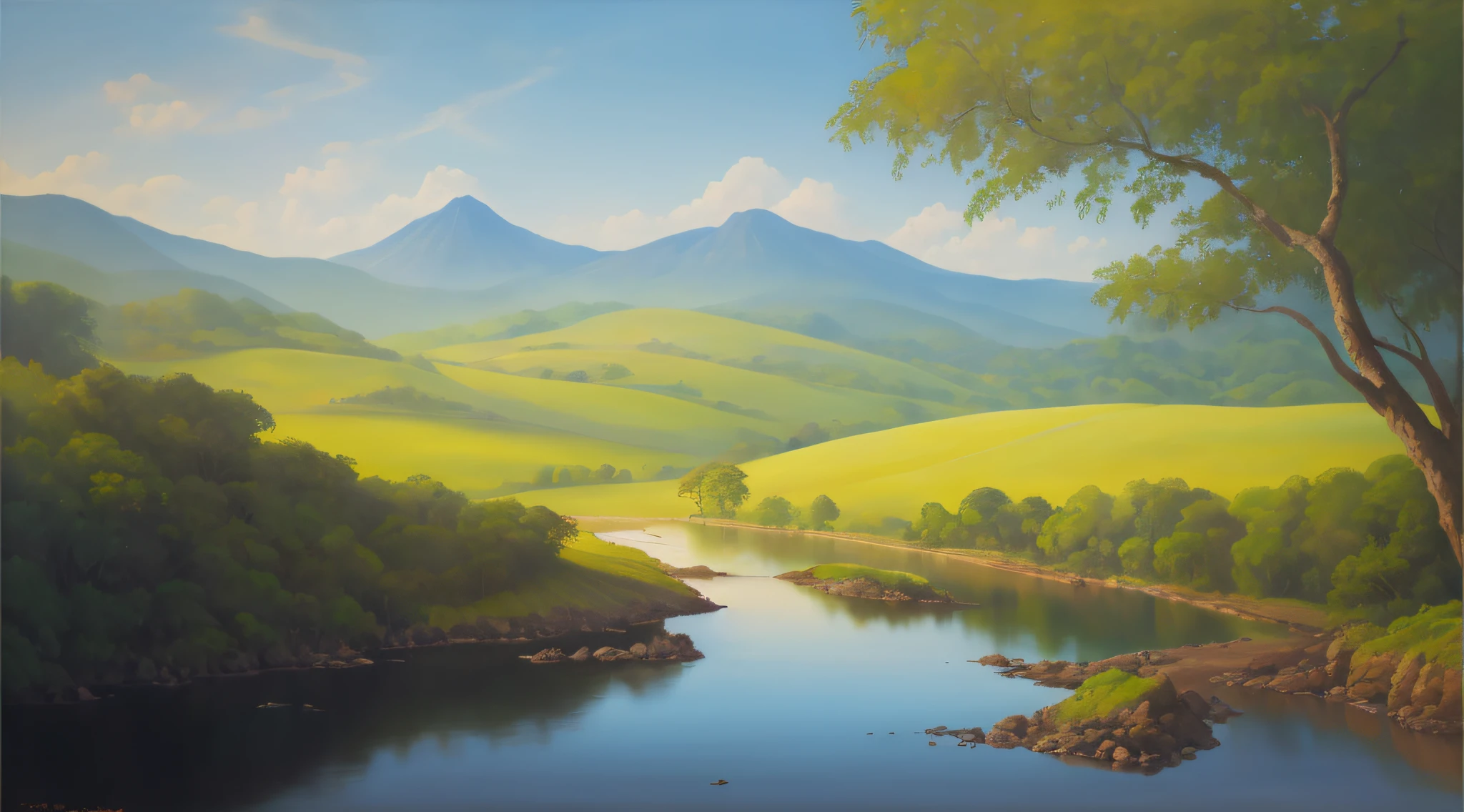 pintura de um rio que atravessa um vale verde exuberante com montanhas ao fundo, colinas fluidas, 8k resolution digital painting, 8k resolution digital painting, Pintura digital 4K, Pintura digital 4k, pintura digital detalhada, baixo detalhamento. pintura digital, Pintura Digital de Alto Detalhe, peaceful landscape, rio, trees and hills, pintura detalhada 4K, pintura digital 4k