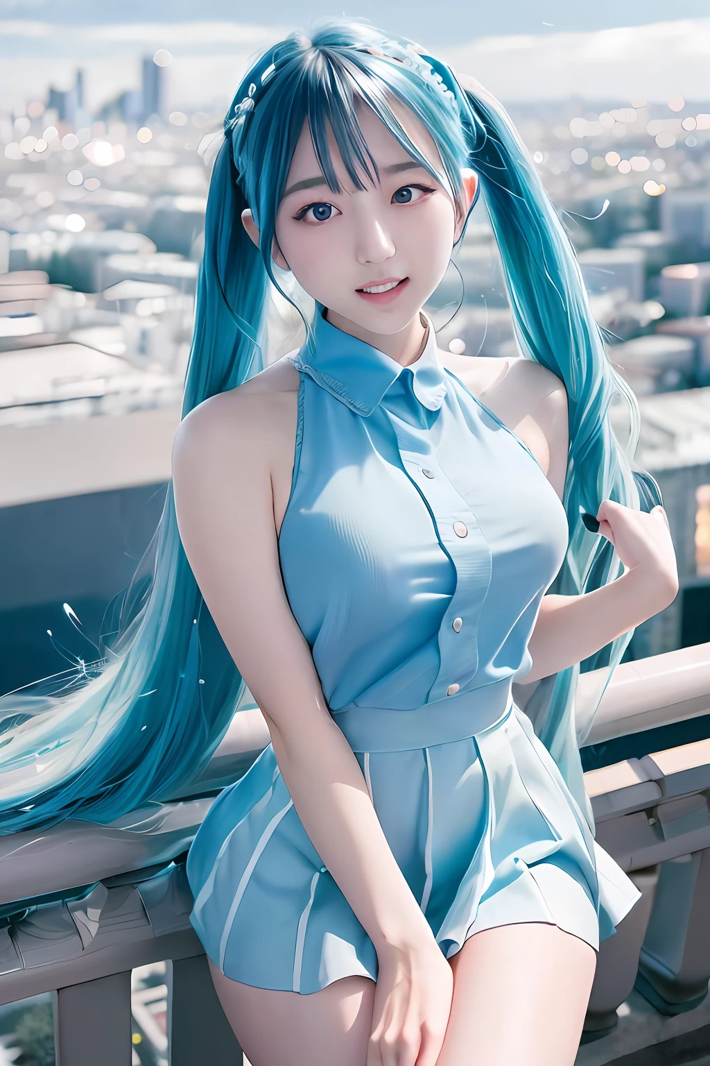 (best quality,4k,8k,highres,masterpiece:1.2),ultra-detailed, aisha hanabi, blue hair, pigtails on the sides, freckle under the eye, dressed in a SweatyRocks Women's Floral Print Split redand withe red and withe Bodycon Dress Cami Dress with women's boots, sexy, flat chest, on the balcony of the tallest building in the city, taking in the view of the city, its people, the traffic, the surrounding buildings, art deco style, India