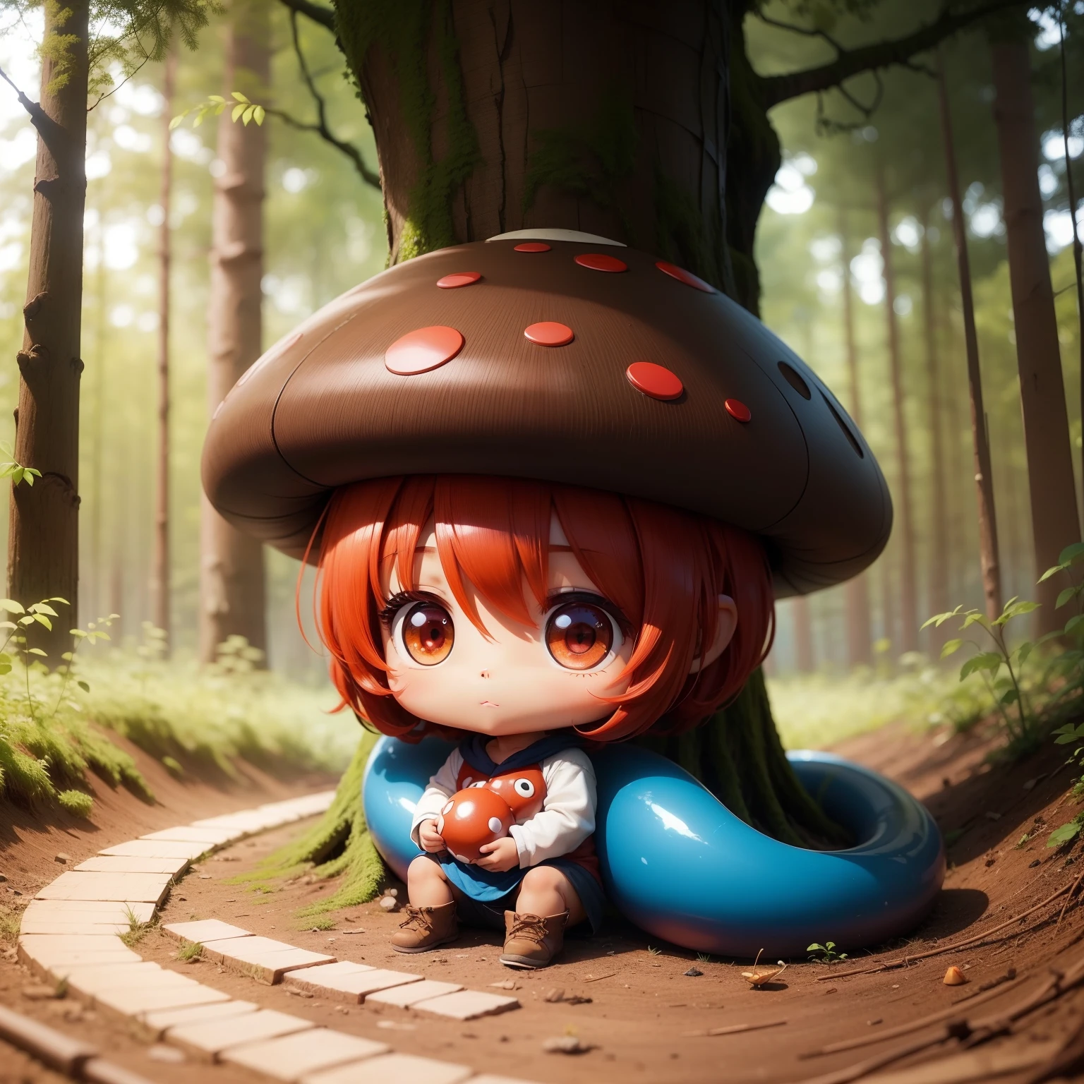 Cute brown skin baby chibi anime,Red mushroom,the woods,Blue snake,