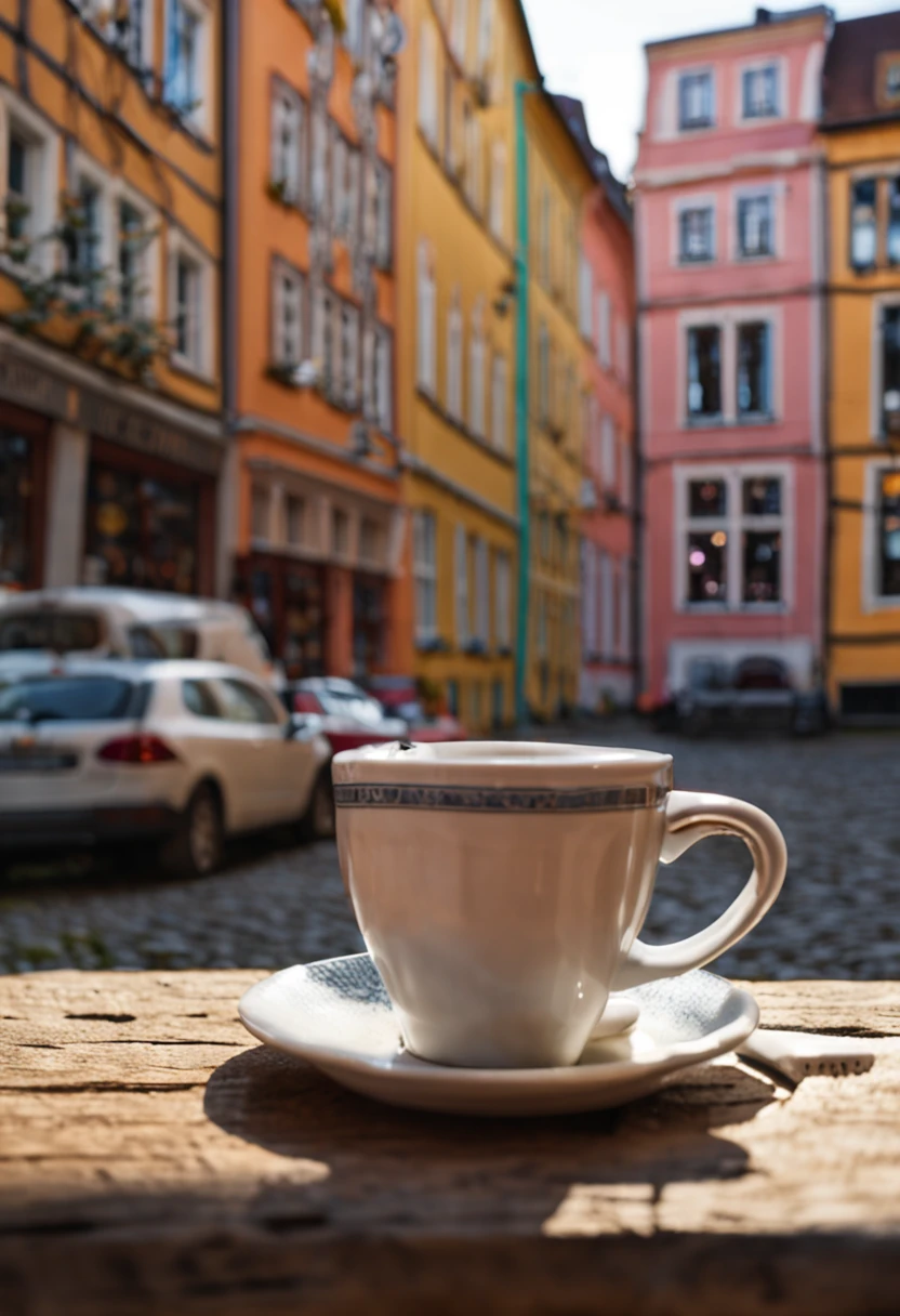 Ein Mann trinkt einen Kaffee, im Hintergrund Neuruppin, die Stadt aus Deutschland