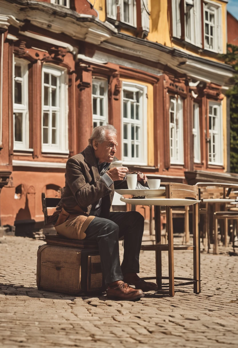Ein Mann trinkt einen Kaffee, im Hintergrund Neuruppin, die Stadt aus Deutschland