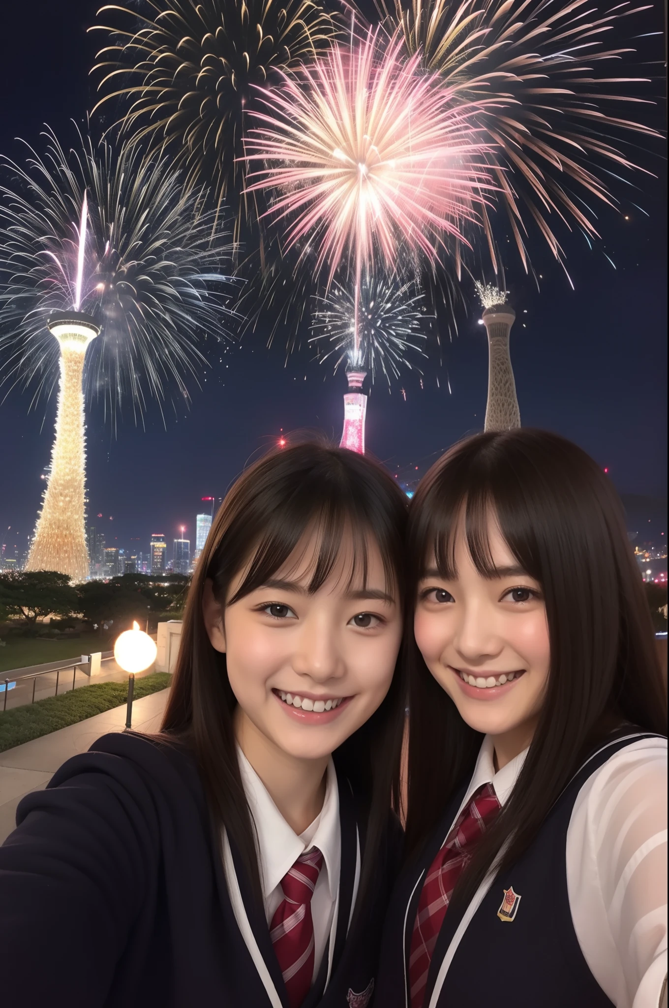 A smile、hi-school girl、校服、While doing fireworks、mare、Tokyo Skytree、cherry trees