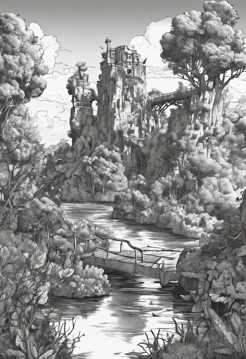 paysage fantastique, Nausicaa, rivers and waterfalls, suspension bridge mixed with vegetation, Ruined castle in the foreground, (Uneven terrain:1.6), (Colorful fungal houses recovered: 1.5), (buissons moelleux: 1.1), vent, Cumulonimbus Cloud, cirrus, thick silhouette, silhouette pointue, extreme details, 8k, UHD, grain du film, Black and white ink drawing