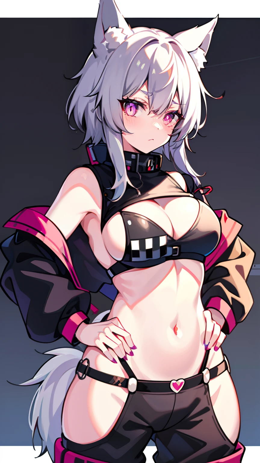 1girl, solo, wolf girl, wolf ears, short eyebrows, Animal ears, purple nails, white skin,  large breasts, (hair over eyes:1.1), ringed eyes, pink pupils, silver hair, Pointy hair, Short hair, Asymmetrical bangs, Braid, (police:1.4), (handcuffs:1.2), (aroused:1.2), (hair fan), light blush, open coat, you gonna get eaten, sideboob, webcam, cyberlive, livestream,(cowboy shot:0.8), (expressions), ((databook)), (annotated:1.4), ((costume chart)), ((((how to)))), (text:1.4), (hips:1.6)