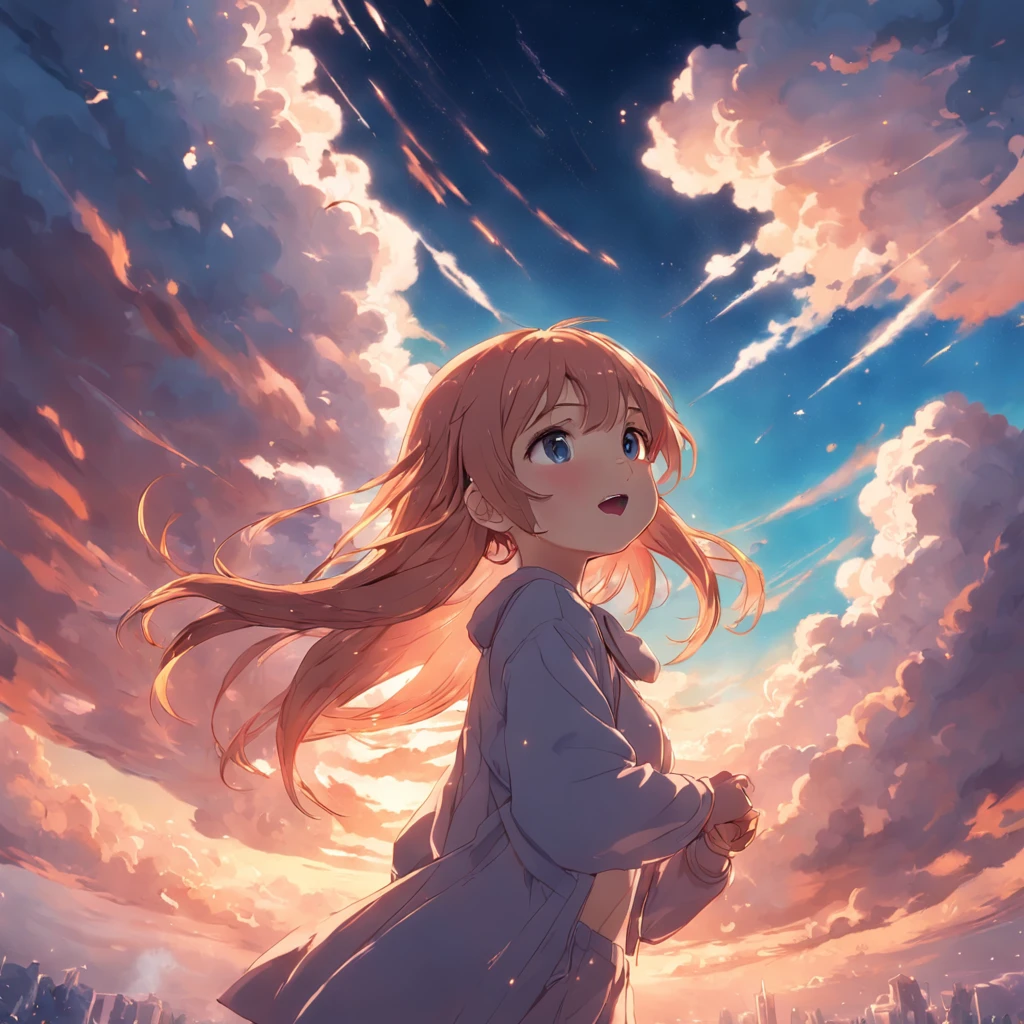 masterpiece, best quality, movie still, 1girl, cloud girl, floating in the sky, close-up, bright, happy, warm soft lighting, sunset, (sparks:0.7)