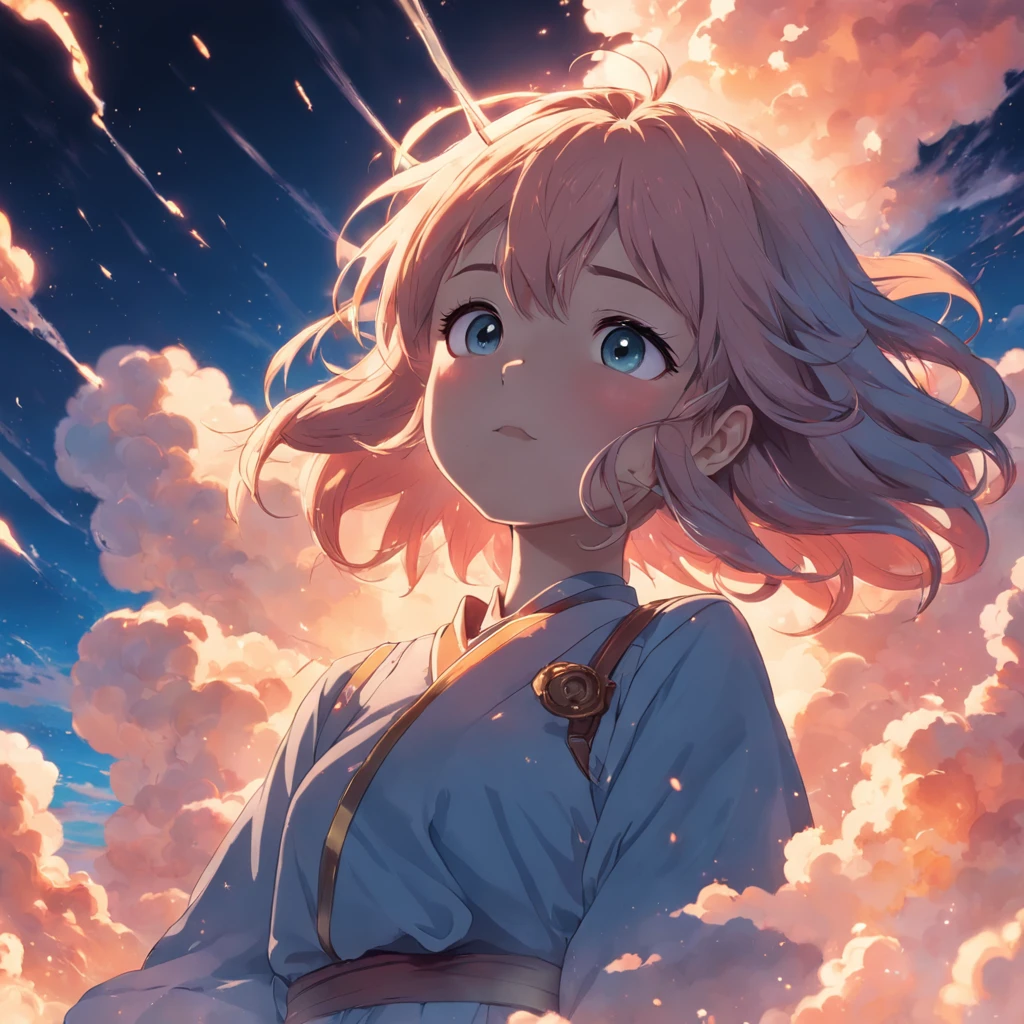 masterpiece, best quality, movie still, 1girl, cloud girl, floating in the sky, close-up, bright, happy, warm soft lighting, sunset, (sparks:0.7)