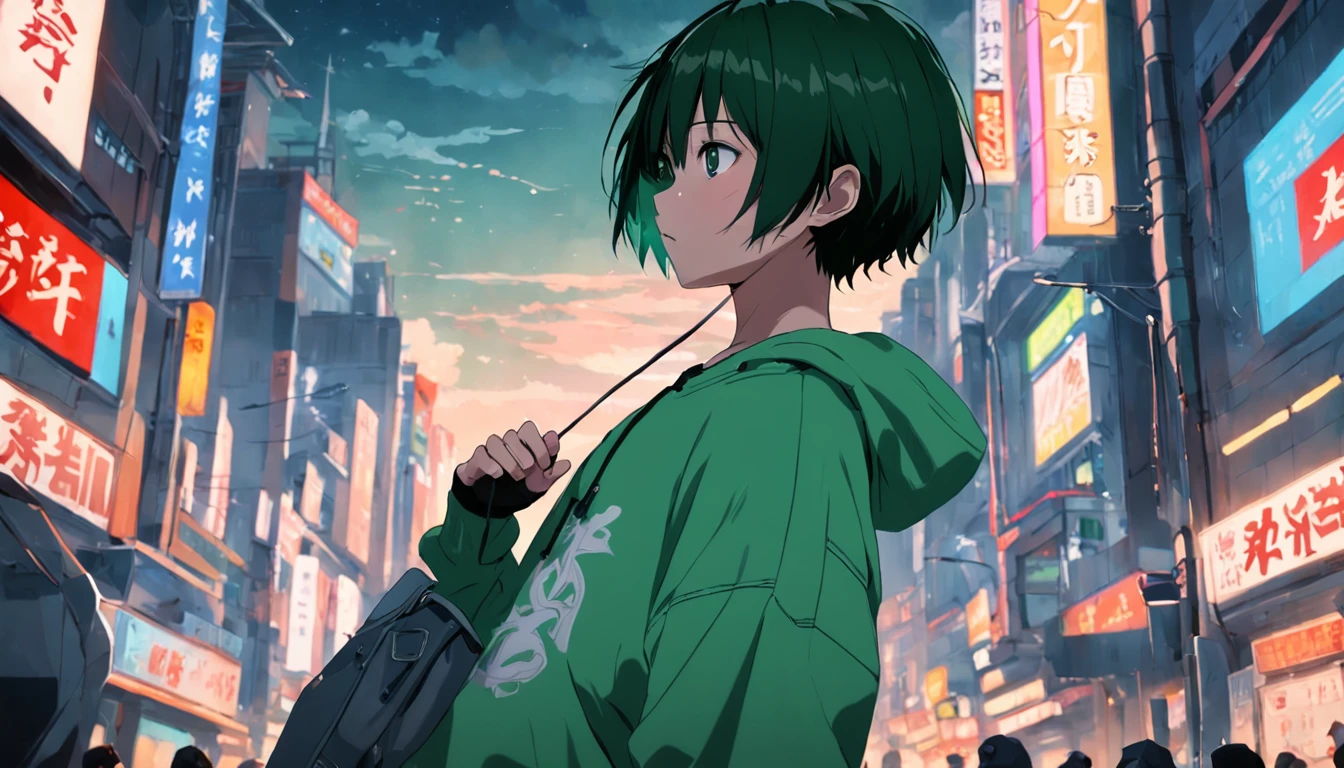 A boy,20yr old,White sweatshirt,Black baggy pants,Green short bob hair,Mobile phone in hand,Stretch out