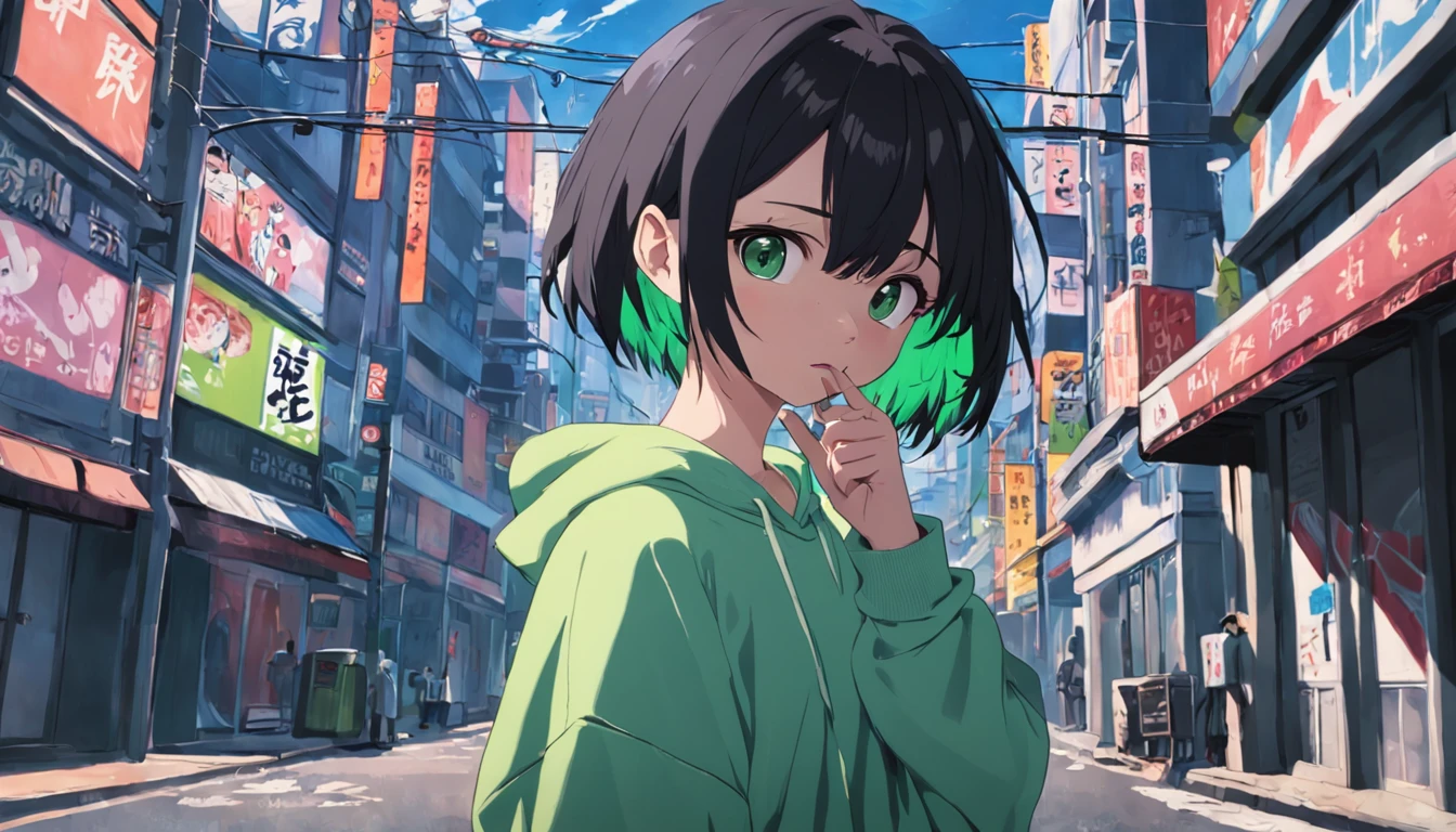 A boy,20yr old,White sweatshirt,Black baggy pants,Green short bob hair,Mobile phone in hand,Stretch out