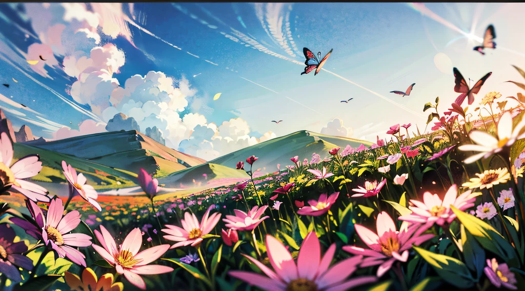 (Mono Color:0.9),(a color:1.1),(tmasterpiece:1.2), best qualtiy, tmasterpiece, High- sharpness, Original, extremelydetailedwallpaper,From the picture, We can see the trees on the shore towering into the clouds,The branches are full of flowers,Flocks of butterflies dance among the flowers,In this garden-like world,It looks even more beautiful and sacred,cinema shot