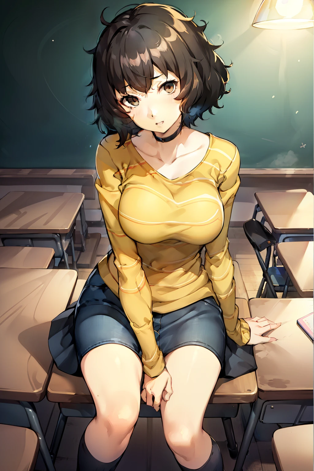 masterpiece, best quality, highres, illustration, high quality, highres, 1girl, solo, female focus, D-Cup breasts, expressions, ((yellow striped long sleeves, long blue denim skirt skirt, skirt goes down to knee)), denim shorts, teacher P5_Kawakami, detailed background, sitting next to viewer, soejima shigenori, (persona 5:0.5), short hair, messy hair, brown eyes, mouth closed, straight mouth, blue denim skirt, long skirt, neutral expression, looking at viewer, volumetric lighting, modern Japanese school, teacher's desk, face closeup, ((over-the-shoulder shot)),